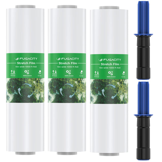 Stretch Warp Film- FugaCity 3 Pack Heavy Duty Shrink Wrap Roll with Handles 15" x 1000 Feet, 60 Gauge Industrial Strength for Pallet Wrap, Furniture Wrapping Moving & Protection
