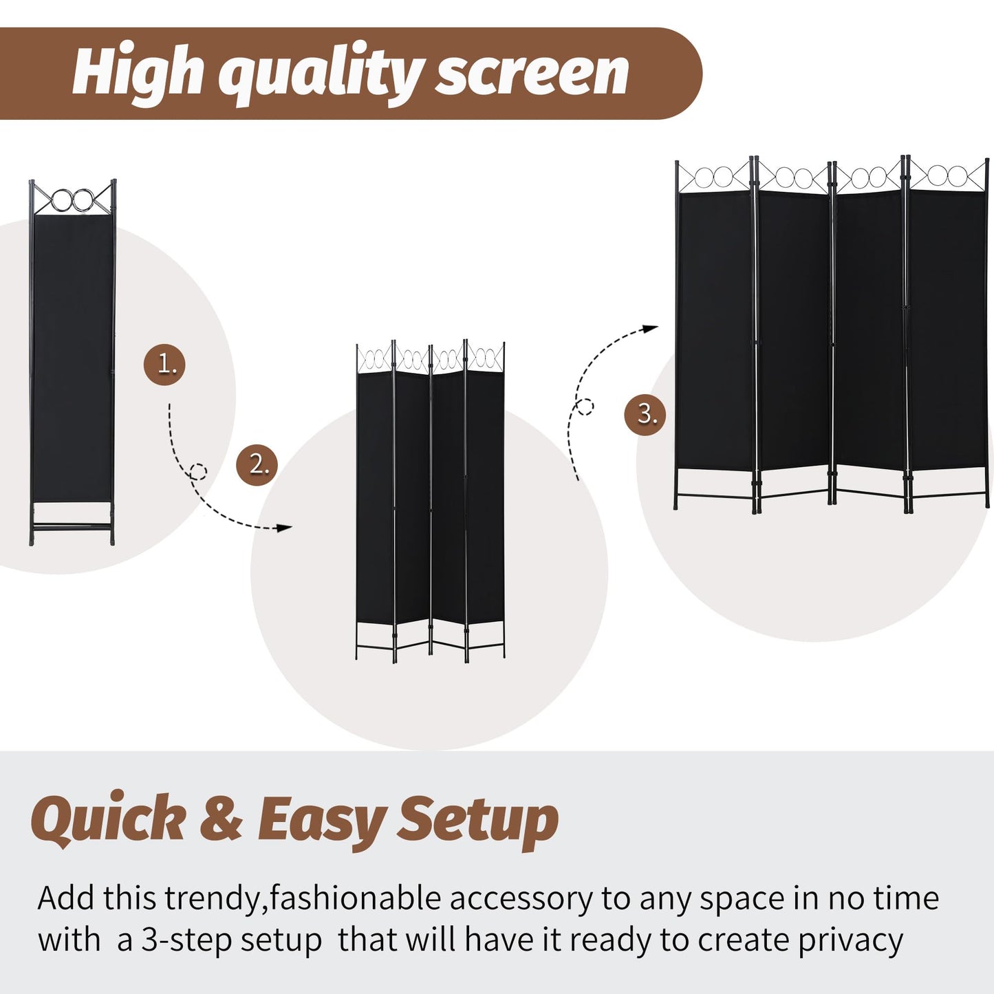 FDW 4 Panel Room Divider and Folding Portable Partition Screen, 6FT Wall Divider Screen for Dorm Bedroom Office, Coal Black