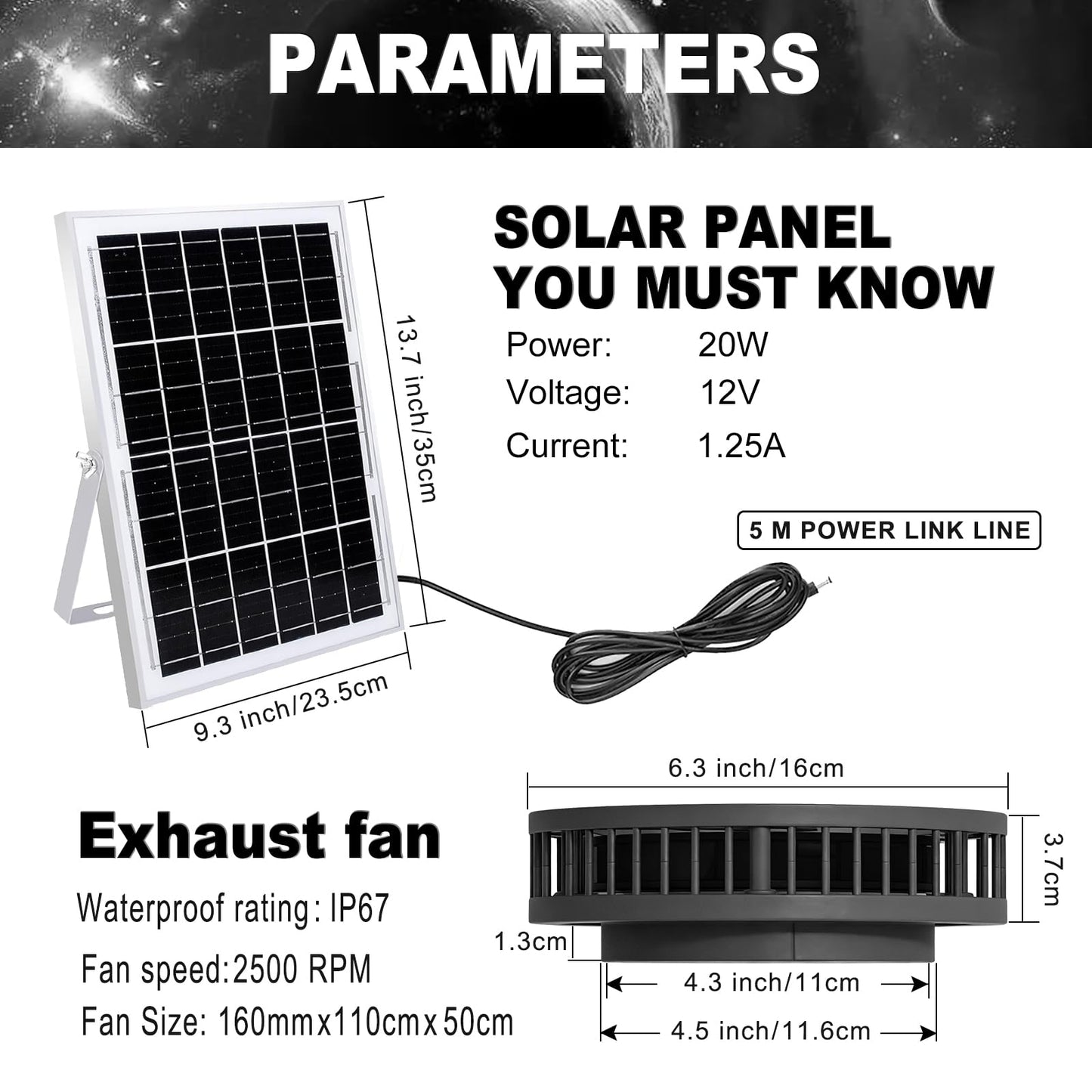 Solar Exhaust Fan with 20W Solar Panel, 12V DC Powered Ventilation Fan, 3.6W, 430 CFM Airflow, 2500 RPM, for Shed, Chicken Coop, Attic, Roof Vent