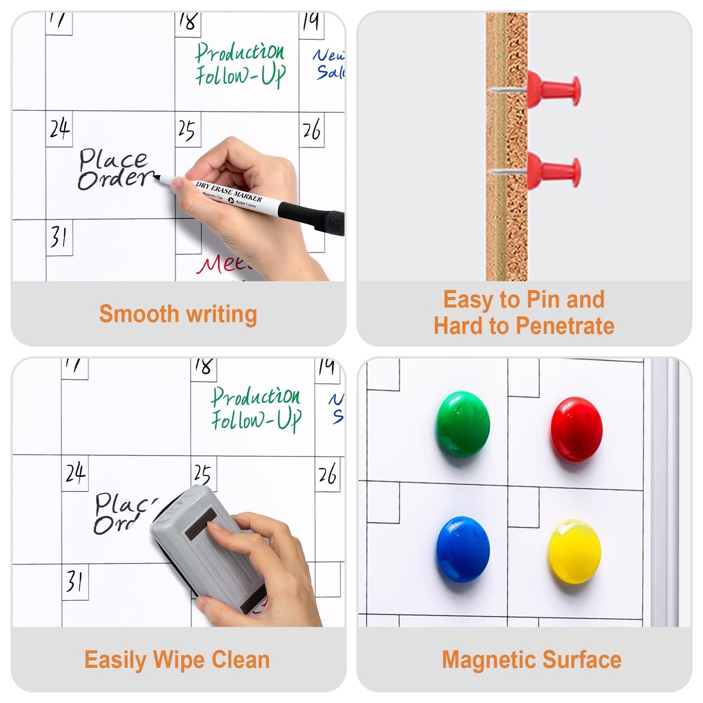 Comix Dry Erase Calendar Whiteboard Corkboard Combo, 24 * 18 inch Monthly Calendar and Bulletin Board Combination for wall, Aluminum Frame Planner with Dry Erase Markers, Magnets, Push Pins