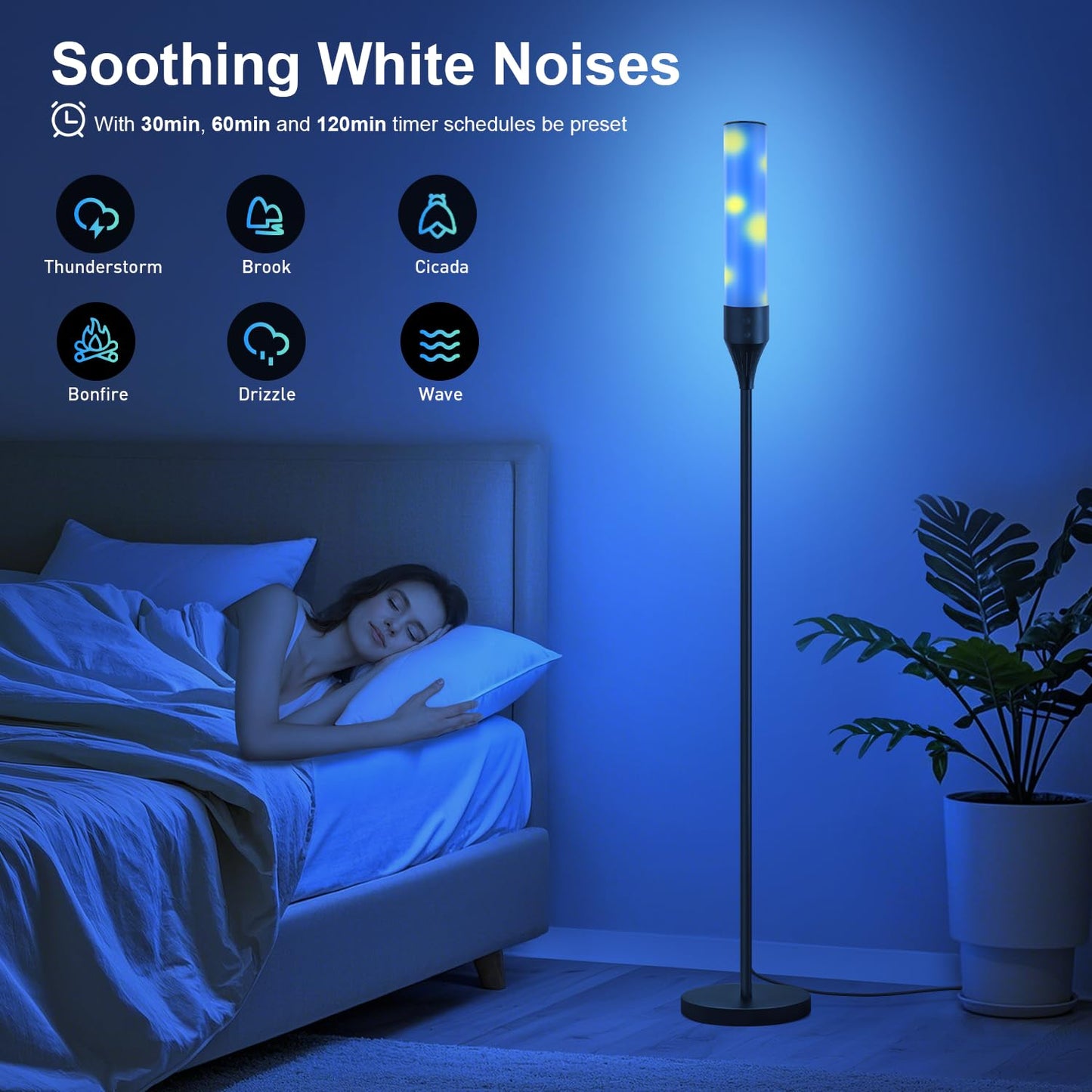 LED Floor Lamp for Living Room, Smart Floor Lamp with Bluetooth Speaker and White Noises, 1600LM Bright Modern Standing Lamp with Music Sync, Remote Control, RGB Corner Lamp for Bedroom, Office