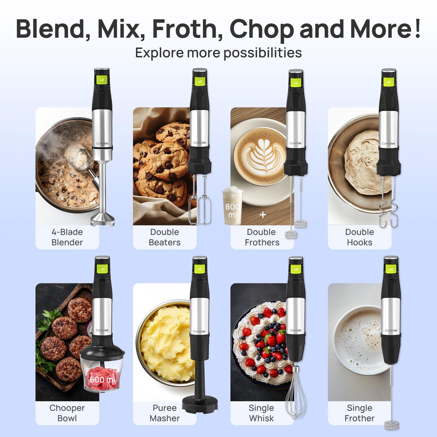 Consciot 10-in-1 Immersion Blender Handheld Max 1100W with Entire Stainless Steel Blender Shaft, Trigger Speed Control, 800ml Beaker, 600ml Chopper, Beaters, Frothers, Hooks, Masher, Whisk & 600ml Cup