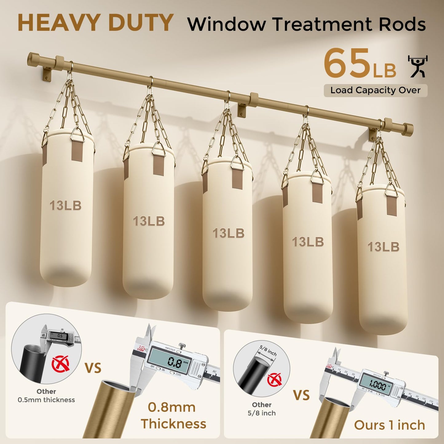 Wolistsa Brass Gold Curtain Rod 34-124 Inch, Brushed Warm Gold 1” Adjustable Long Heavy Duty Curtain Rods for Windows, Decorative Antique Bronze Window Treatment Rods with Modern Solid Aluminum Finial