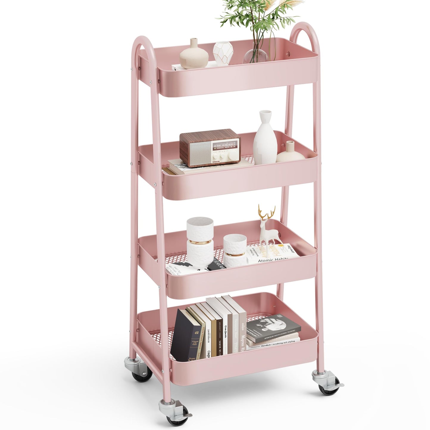 OLIXIS Metal 4 Tiers Utility Rolling Cart, Mobile Storage Shelf with Lockable Caster Wheels, Organization for Livingroom, Bathroom & Narrow Places, 4-Tier Pink