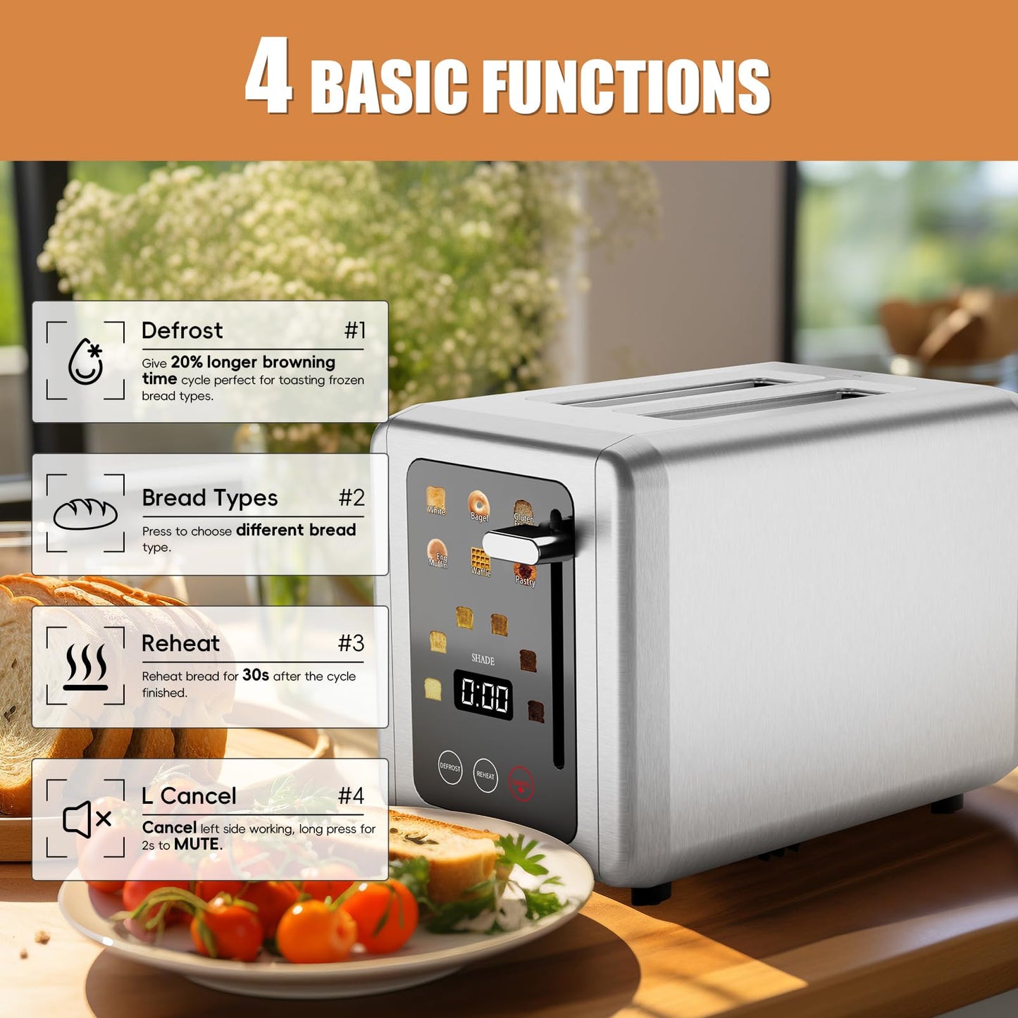 WUNLY Touch screen Toasters 2 slice, Stainless Steel Digital Timer Toaster with Sound Function, 6 Bread Types & 6 Shade Settings, Smart Extra Wide Slots Toaster with Bagel, Defrost Functions,Platinum