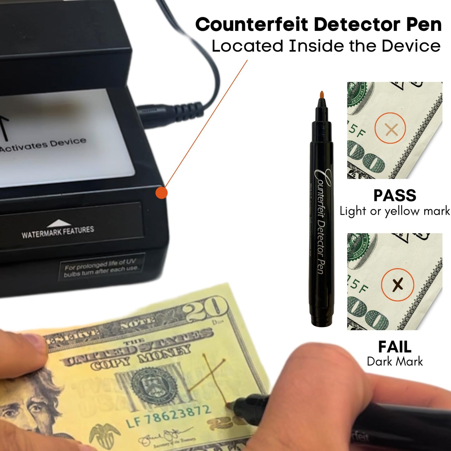 Dri Mark Tri Test - Counterfeit Bill Detector Machine w/AC Adapter - 3 Tests in 1 - Paper, Security Strip and Watermark Tests, Accurate Money Tester Machine with Counterfeit Detection Pen