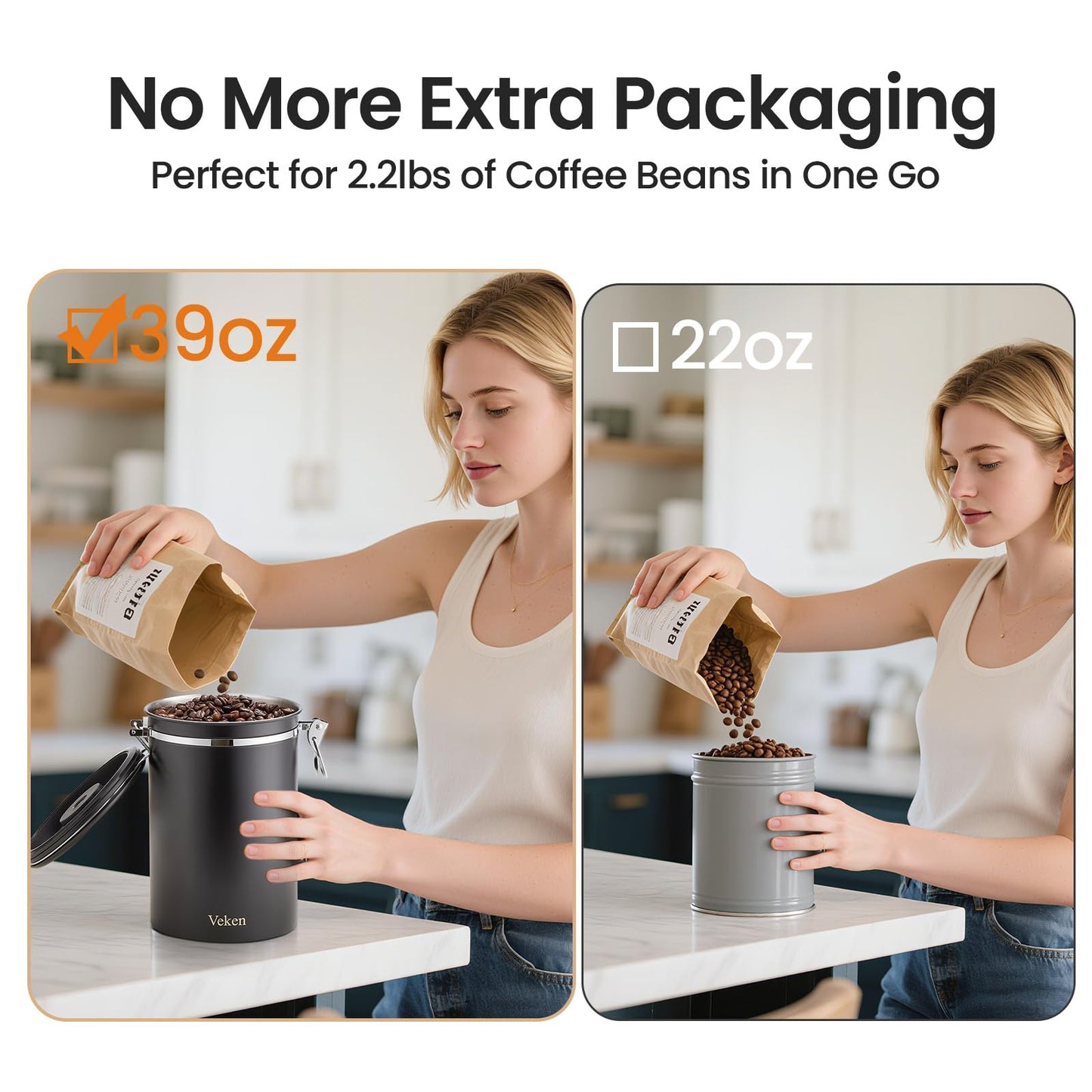 Veken Coffee Canister, 39OZ Large Christmas Coffee Lovers Gift Basket Set,Airtight Stainless Steel Food Storage Kitchen Container Gifts for 2.2lbs Beans, Ground, Sugar, Tea, Flour, Cereal,Scoop,Black