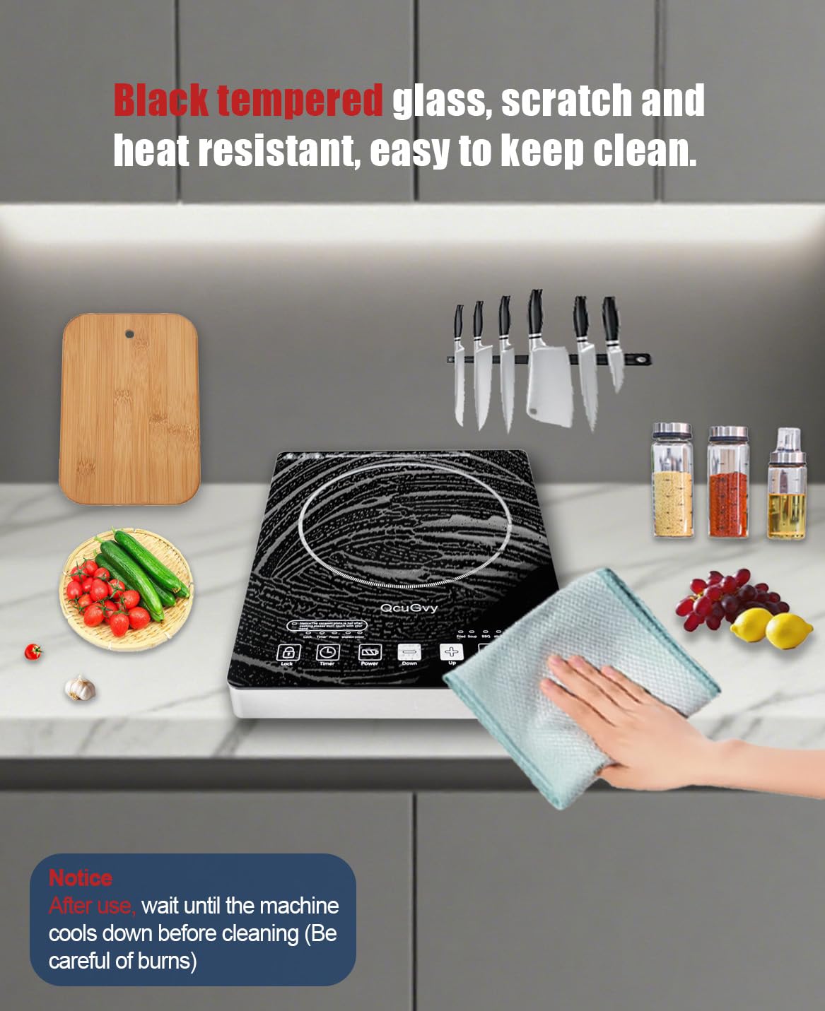 Portable Infrared Burner 2000W Electric Burner with 3 Hours Timer-Electric Hot Plate Touch Control Panel Adjustable Heating Power Glass Plate Electric Cooktop for Cooking (Black 2)