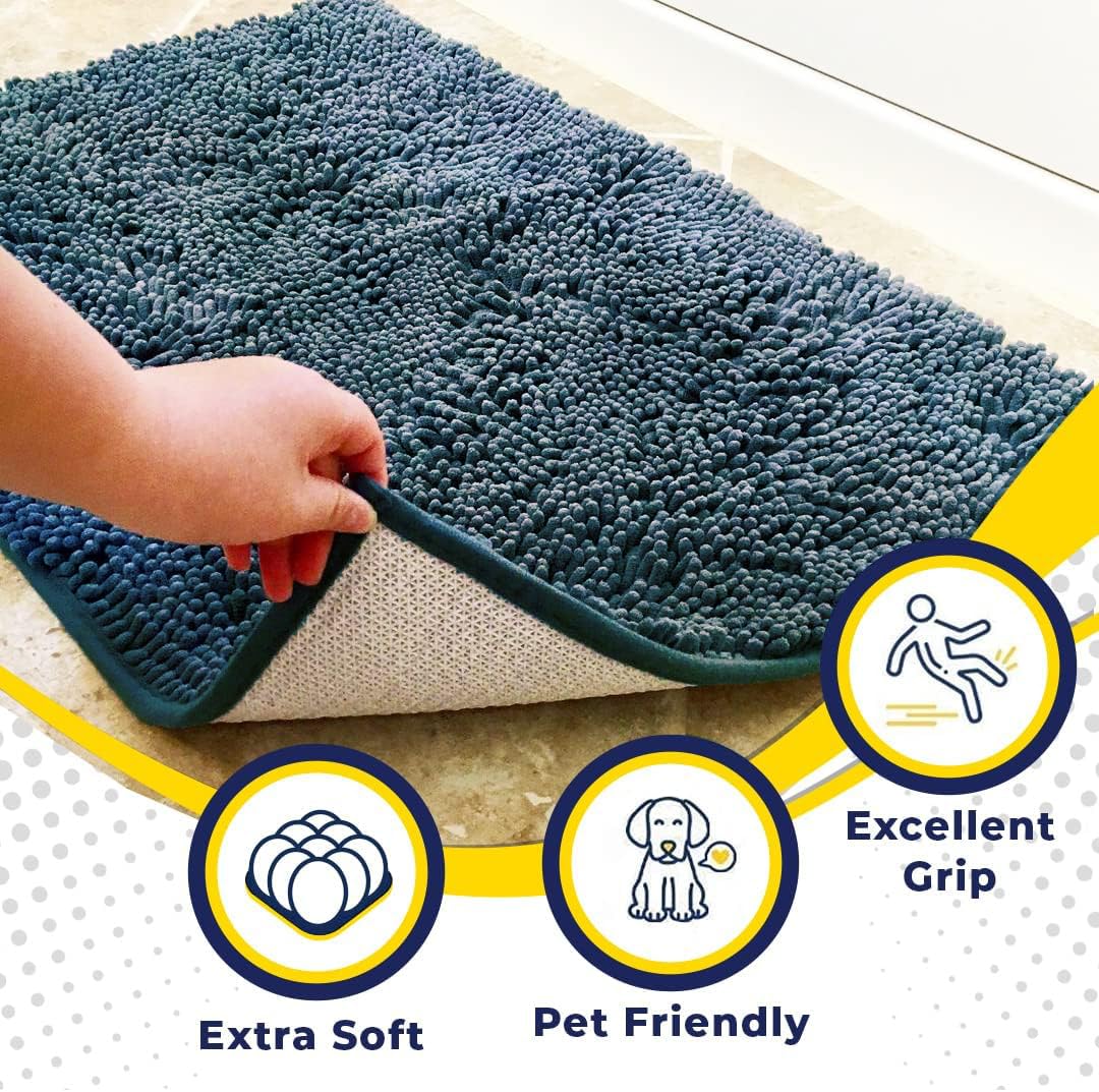 Muddy Mat® 2-Piece Atlantic Blue Medium 30"X19" AS-SEEN-ON-TV Highly Absorbent Microfiber Door Mat, Bath Mat and Pet Rug, Non Slip Thick Washable, Soft Chenille for Kitchen Bedroom Indoor and Outdoor