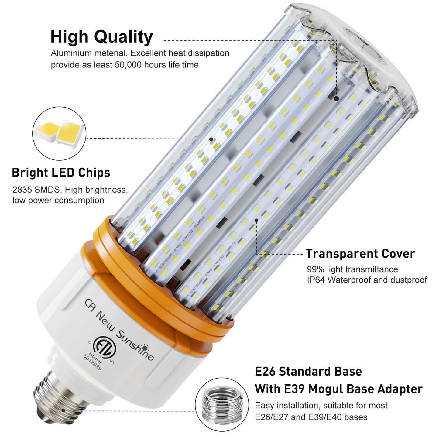 1000W Equivalent LED Corn Bulb, Led Corn light bulbs 15000 Lumen 5000K Daylight White Lamp,E26/E39 Medium Mogul Base,2-Pack 100W Large Area Lights For Outdoor Indoor Garage Warehouse High Bay Lighting