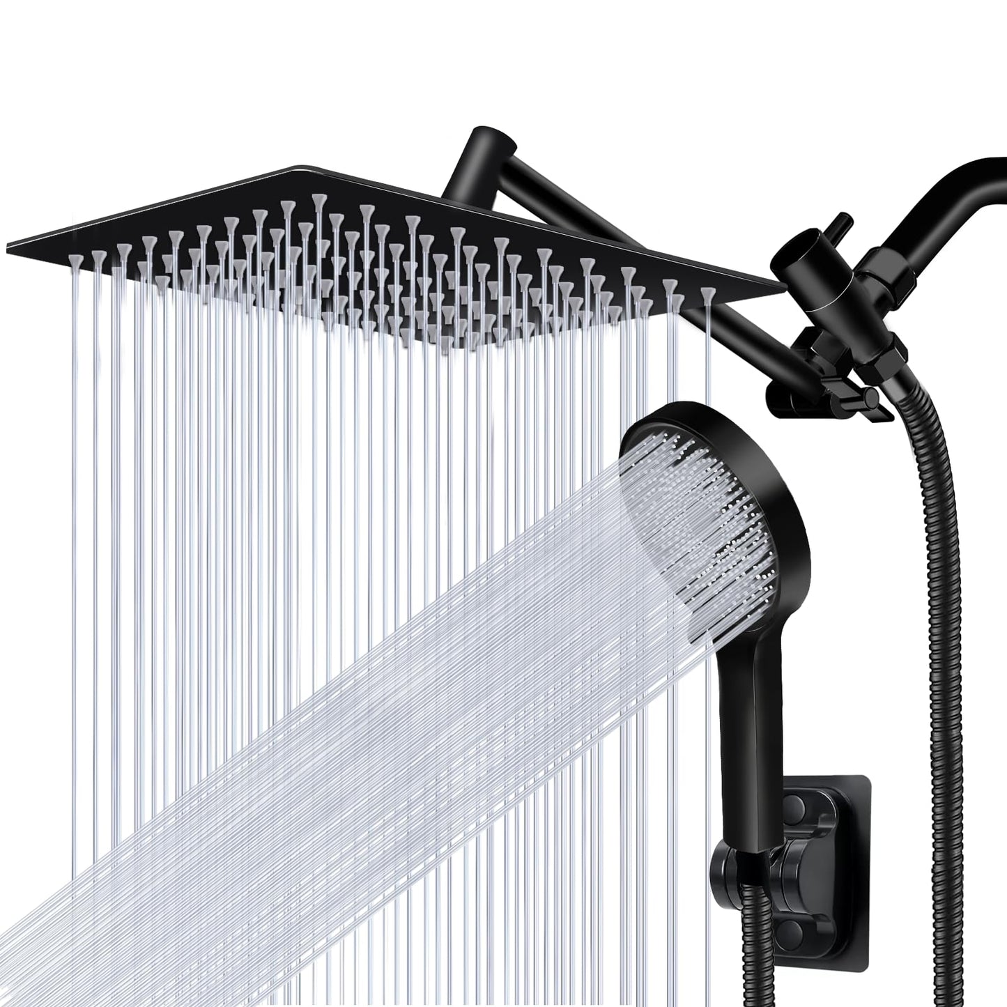 Shower Head,10”Rain Shower Head with Handheld Spray Combo with 11'' Angle Adjustable Extension Arm/Flow Regulator/Shower System,High Pressure Rainfall Shower Head Clean Bathroom,Matt Black