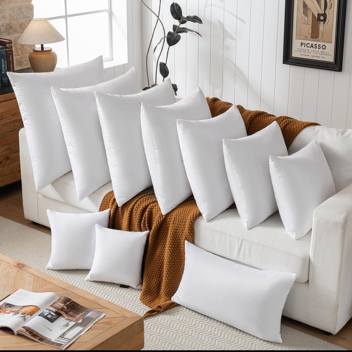 basic home® Hotel-Style Goose Feather Pillow Insert for Sofa & Bed - 100% Odorless & Plump Cushion Filler - 233TC Cotton with Inner Liner to Prevent Poking (18x18 Inch)