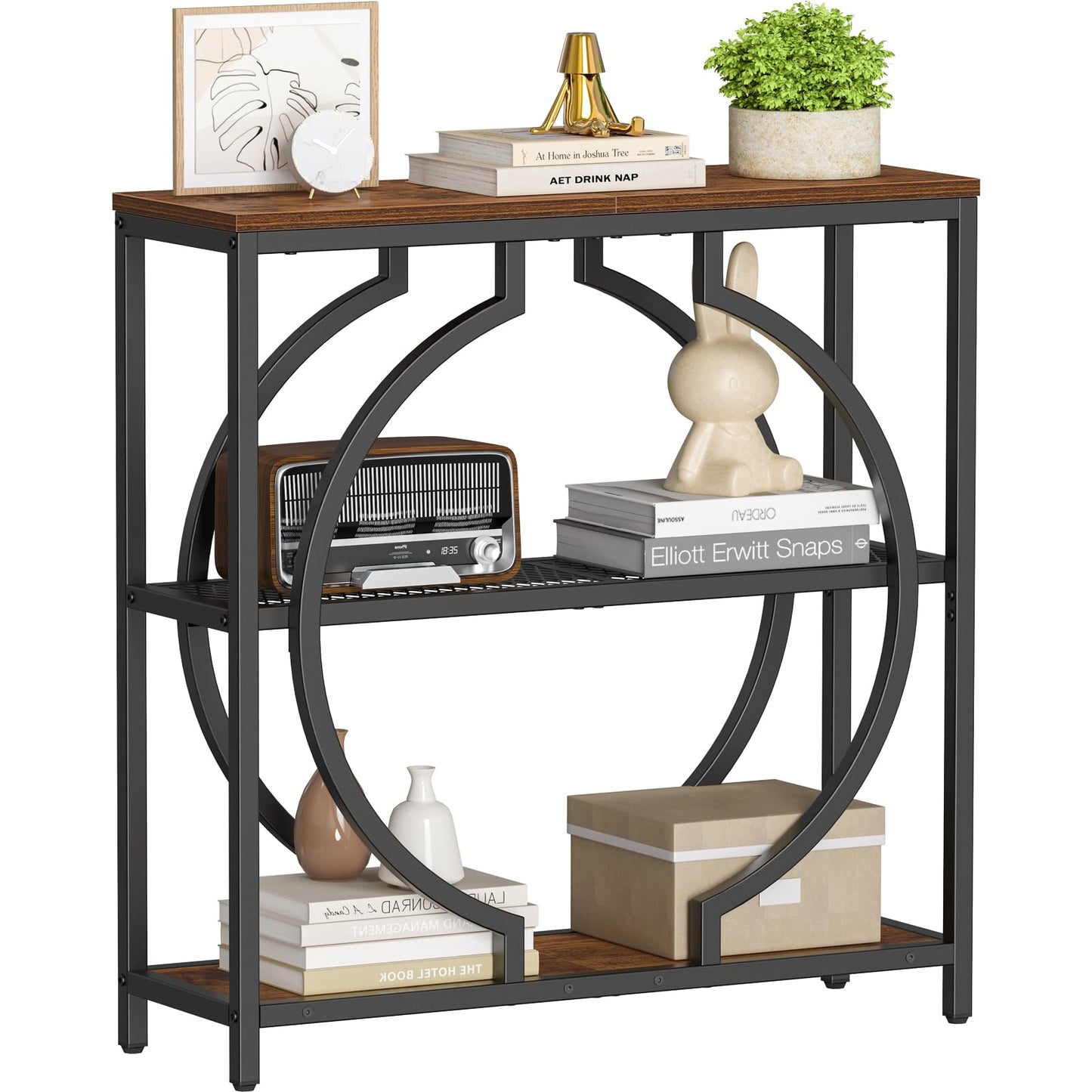 Snughome Entryway Table with 3 Tier Storage Shelves, Narrow Console Table Industrial Sofa Table with Circle Base, Behind The Couch Entrance Table for Hallway, Living Room, Foyer