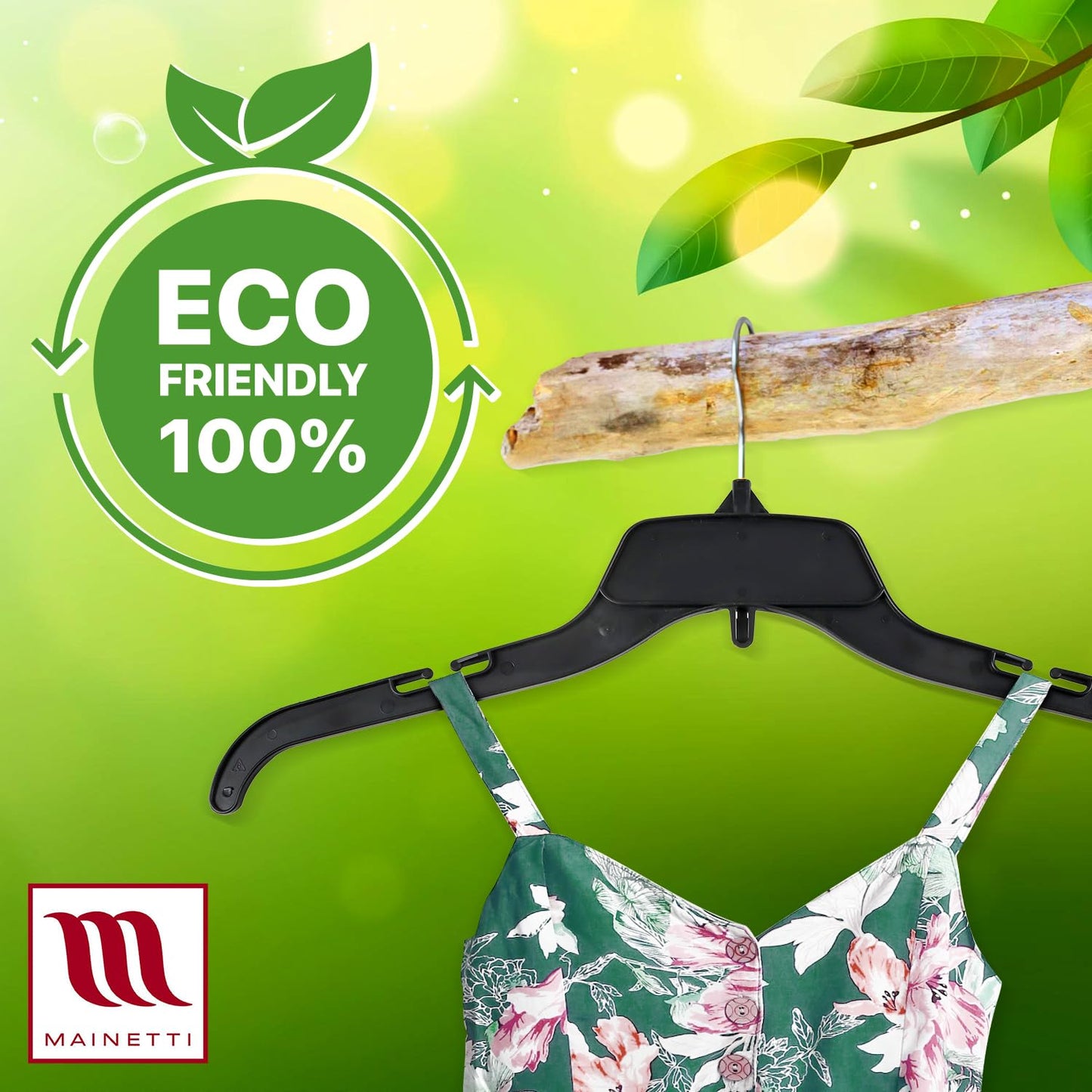 Mainetti 484 Recycled Black Plastic Hangers - 100 Pack with Rotating Metal Hook and Notches for Straps, Great for Shirts/Tops/Dresses, 17-Inch