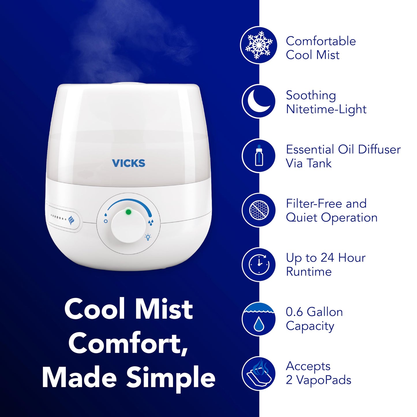 Vicks NaturalCare Cool Mist Ultrasonic Humidifier, Small Room Humidifier for Bedroom, Diffuser with Nighttime Light, Works with Vicks VapoPads, White