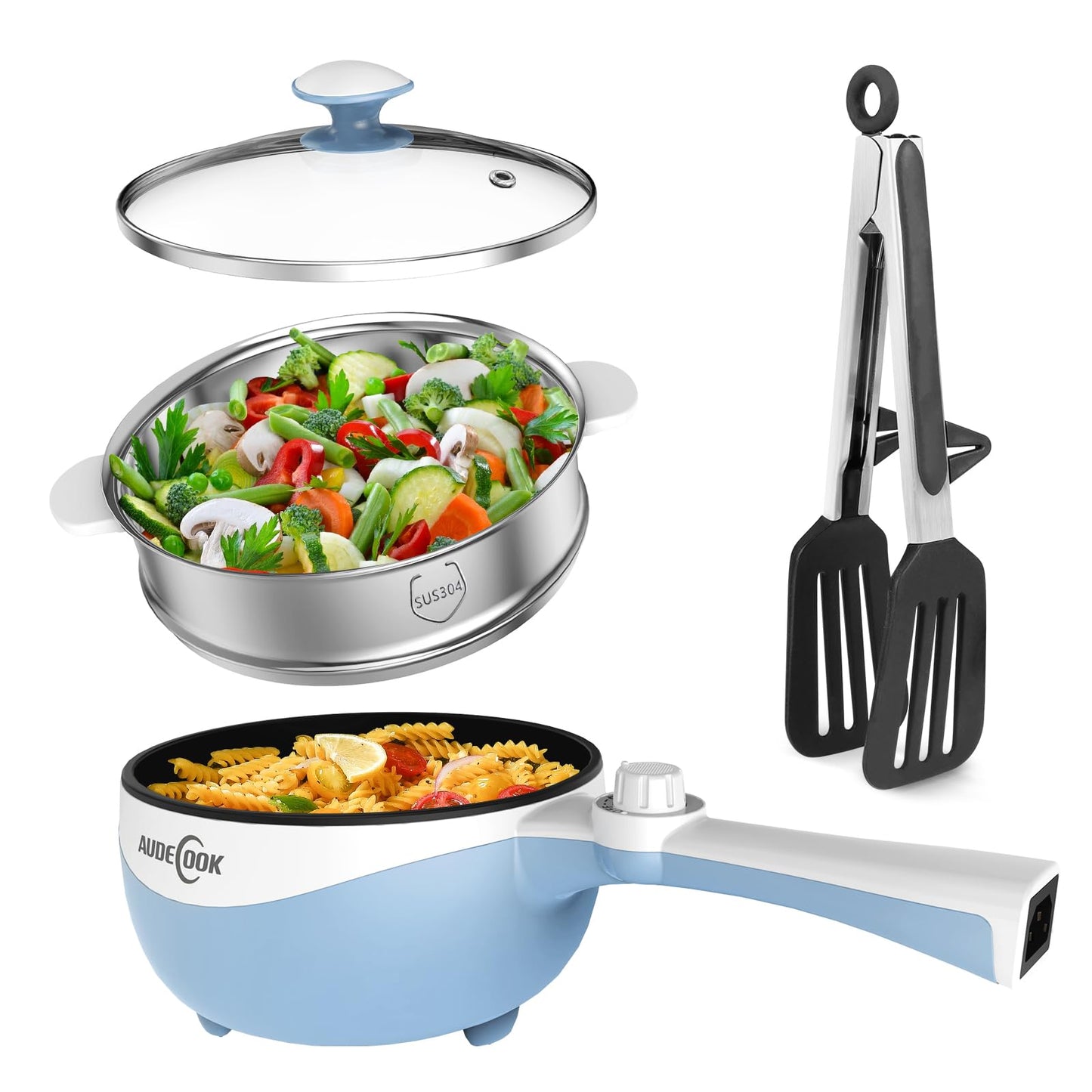 Audecook Hot Pot Electric, 1.7L Mini Electric Skillet Portable Nonstick Sauté Pan with Power Adjustment, Ramen Cooker Travel Multicooker for Steak/Soup/Egg/Oatmeal/Noodles