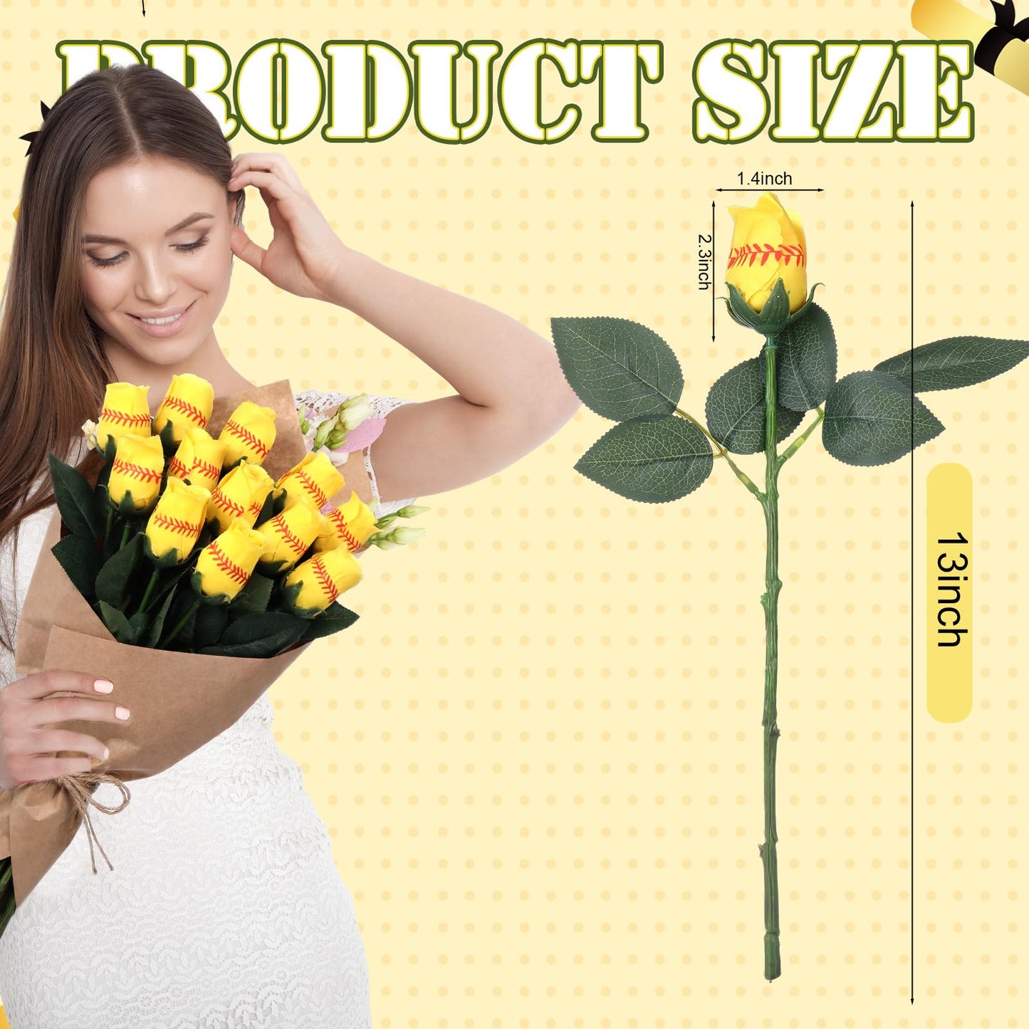 Hotop 12 Pcs Softball Roses with Leaves Artificial Yellow Rose Bouquet for Softball Team Senior Fans Coach Gift Sports Theme Graduation Wedding Party Decoration