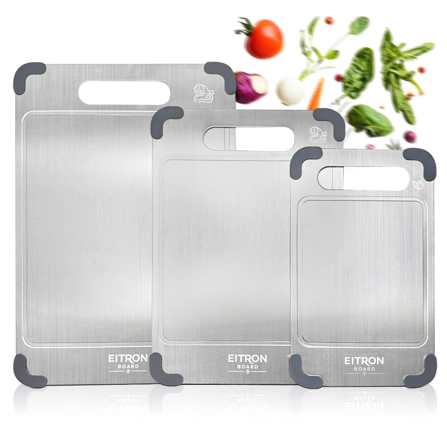 EITRON Titanium Cutting Board Set of 3 for Kitchen - 100% Pure Titanium Metal Chopping Boards, Non-Toxic Food Grade, Double-Sided with Juice Groove & Non-Slip Corners, Dishwasher Safe (S+M+L)