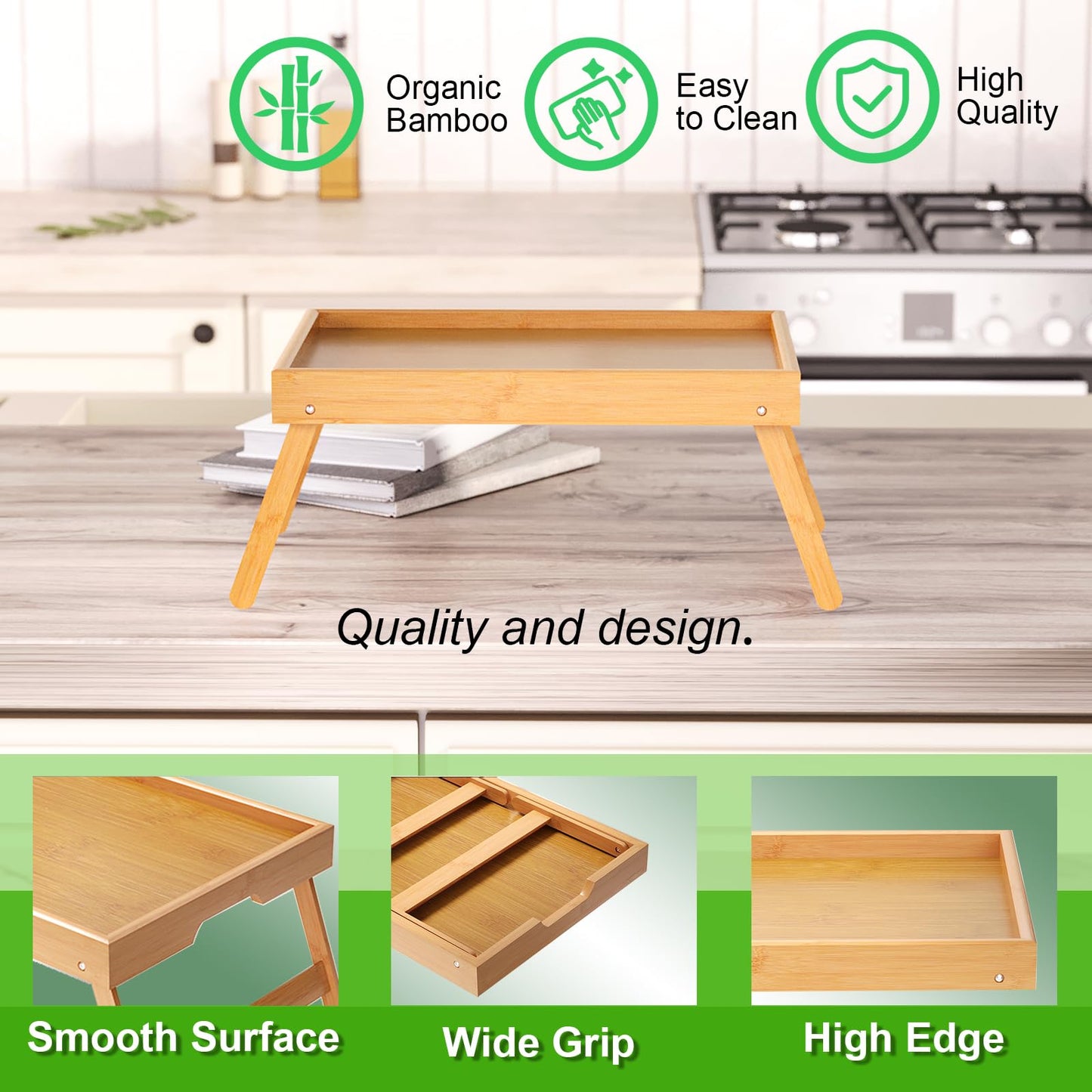 Fibogollo 4 Pack Bamboo Bed Tray Table with Folding Legs,Breakfast Trays,Serving Tray for Food and Snack,Laptop Trays for Working(Natural)