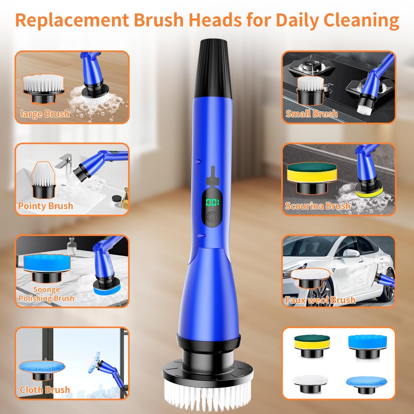 11 in 1 Electric Spin Scrubber Cordless Cleaning Brush 3 Adjustable Angles 2 Adjustable Speeds LED Display Shower Cleaner Brush Supplies Extension Long Handle for Bathroom Floor Tile Toilet Waterproof