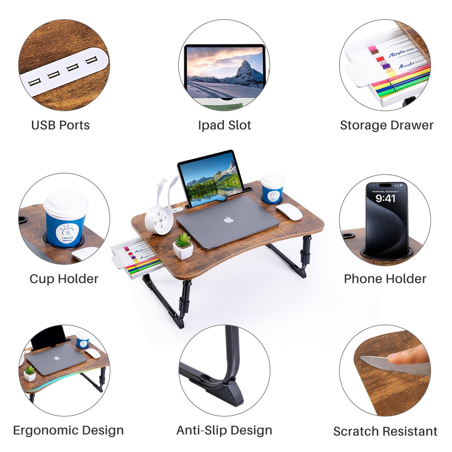 BYMECOST Laptop Desk for Bed, Height Adjustable Laptop Bed Table, Foldable Portable Lap Desk Stand with USB/Storage Drawer/Cup Holder/Slot, Breakfast Tray for Working Reading Writing Eating