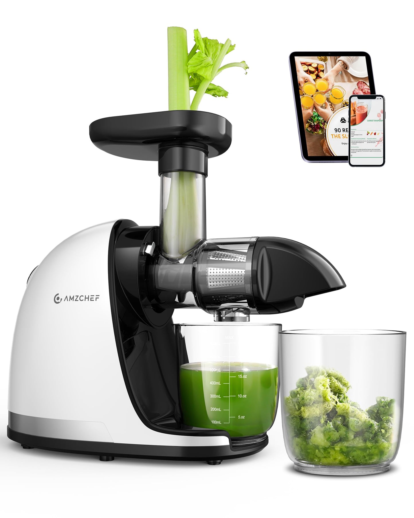 Juicer Machines - AMZCHEF Cold Press Masticating Juicer whole Fruit and Vegetable - Delicate Chew No Need to Filter - BPA Free Juice Extractor with 2 Cups and Brush- Pear White