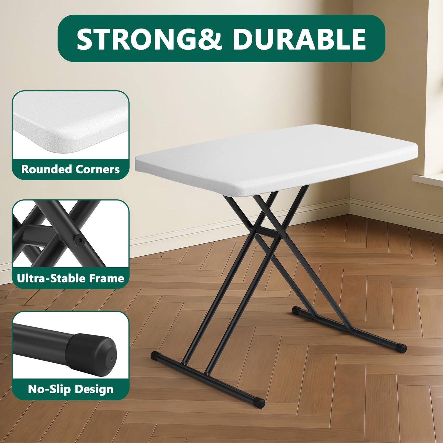 MAKE CHANGES Folding Table 30 Inch - Small Desk Adjustable Height TV Tray for Laptop, Couch, Camping - Heavy Duty Utility Foldable Table for Small Spaces, No Assembly Required,Plastic White Granite
