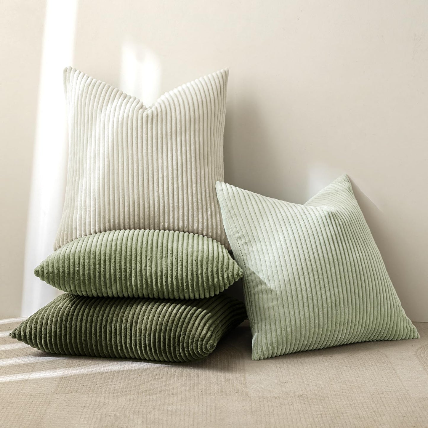 MIULEE Decorative Throw Pillow Covers Set of 4 Summer Light Green Gradient Natural Earthy Modern Classic Soft Corduroy Cushion Covers for Sofa Couch Bed Living Room Spring Home Decor 18x18 Inch