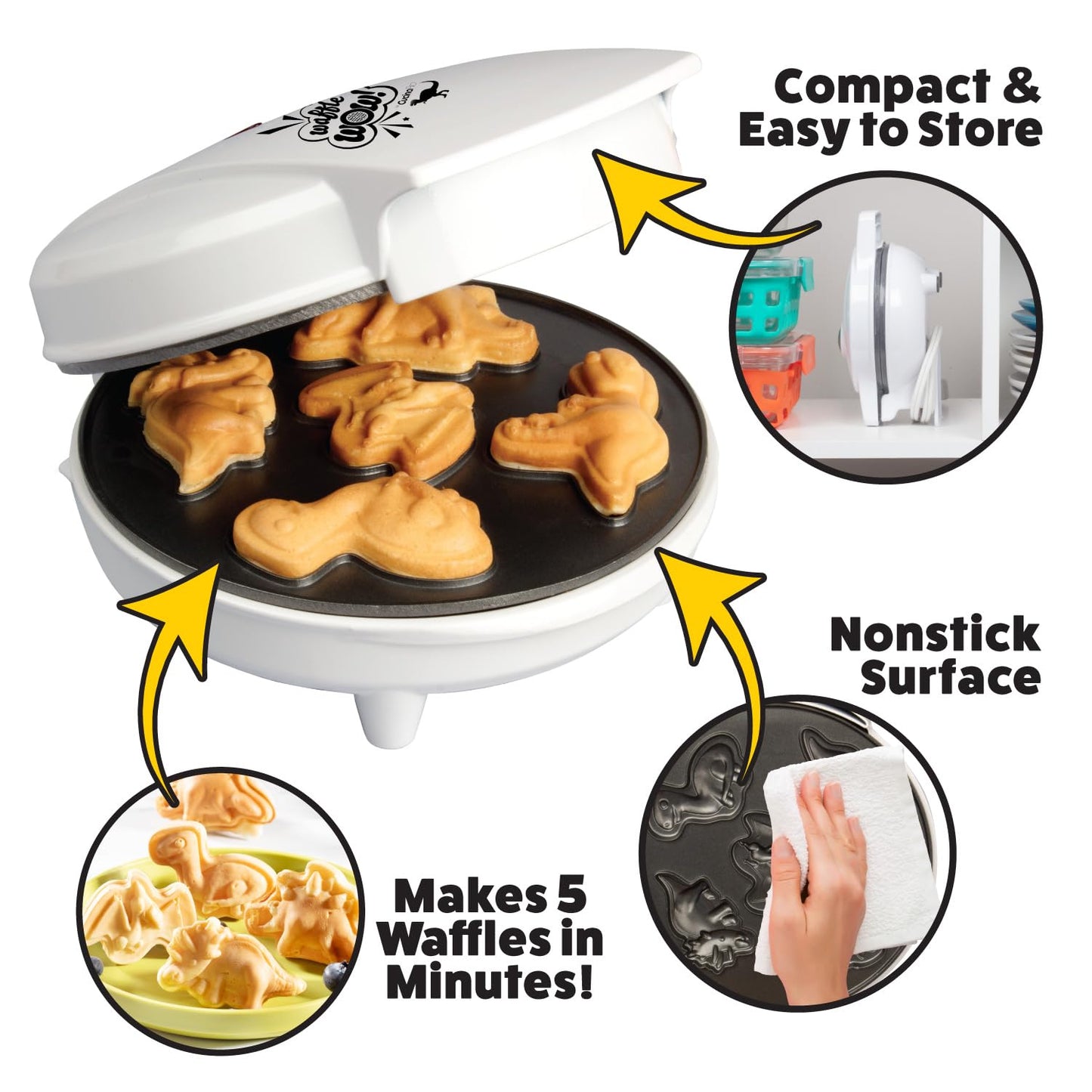 Dinosaur Mini Waffle Maker- Fathers Day Fun, 5 Different Double Sided 3D Shaped Dinos in Minutes- Kid Adult Breakfast w Novelty Pancakes, Electric Baker, Non-Stick Waffler Iron w Recipes, Gift for Him