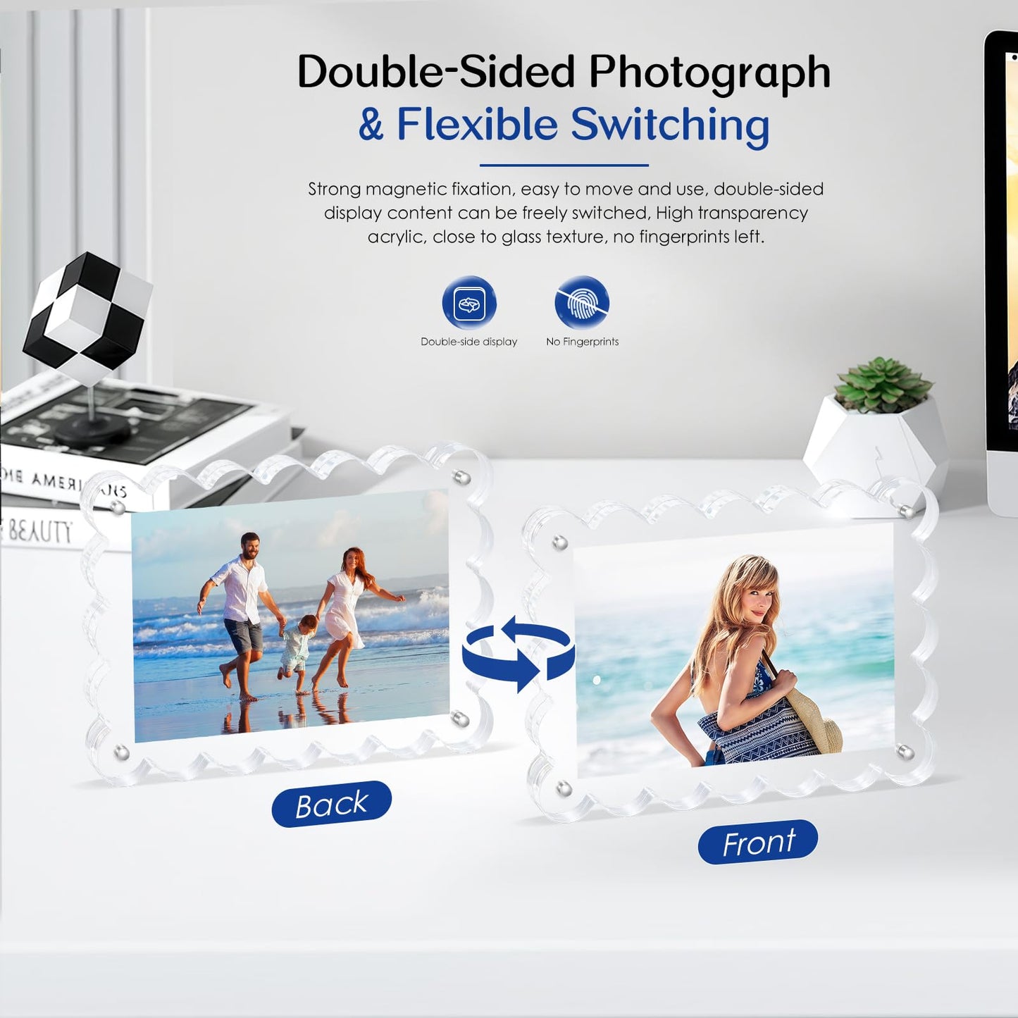 Novacrylion Scalloped Magnetic Picture Frame 4x6 Inch - 2Pack Clear Acrylic Photo Frame, 20mm Thick Double-Sided Magnet Design, Trendy Desktop Display for Home/Office Decor (2 Pack, 4X6)
