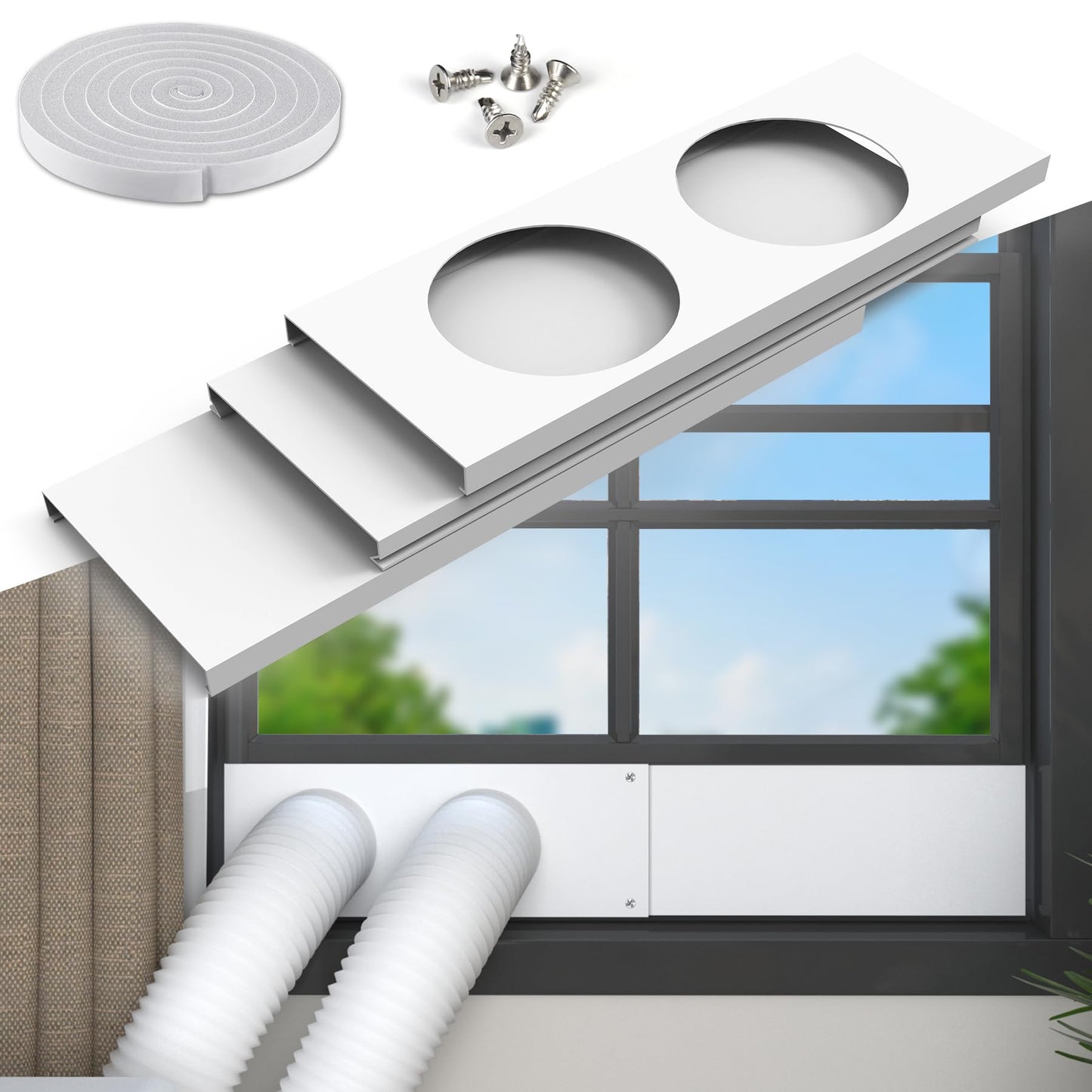 Flamorrow Dual Hose Portable Air Conditioner Window Kit, Adjustable Window Seal Plates for 5" Diameter Exhaust Hose, Sliding AC Window Vent Kit with Foam Seal Strip, White