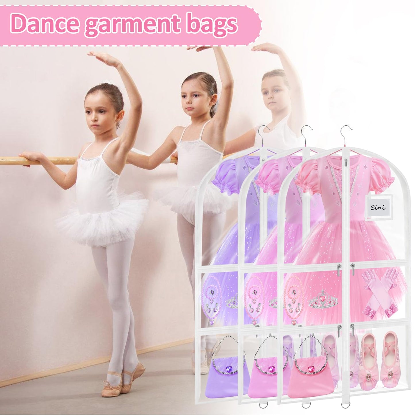Wsaeig Garment Bags for Dance Costumes - 40 Inch Clear PVC with 5 Zipper Pockets (3 Pack, White) - Kids Dance Garment Bag for Dancers, Hanging Clothes Storage, Competitions & Travel (‎Clear White)