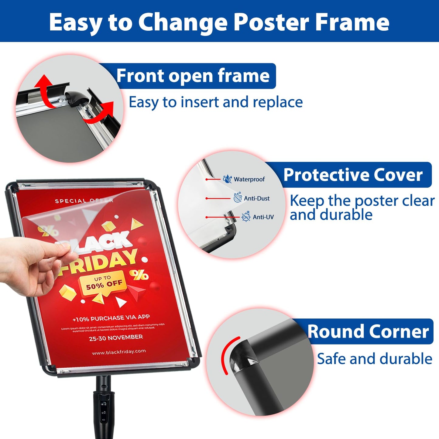 VAIIGO 2-Pack 8.5x11 Inch Adjustable Sign Stand & Floor Standing Sign Holder - Pedestal Poster Stand with Vertical & Horizontal View Display for Indoor/Outdoor Business & Store Signage (Black)