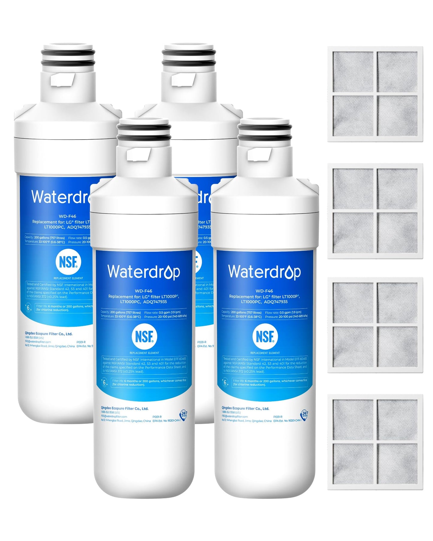 Waterdrop LT1000PC ADQ747935 Refrigerator Water Filter and Air Filter, Replacement for LG® LT1000P®, LMXS28626S, LFXS26973S, LFXS26596S, LFXS28596S, ADQ74793501, ADQ74793502 and LT120F®, 4 Combo
