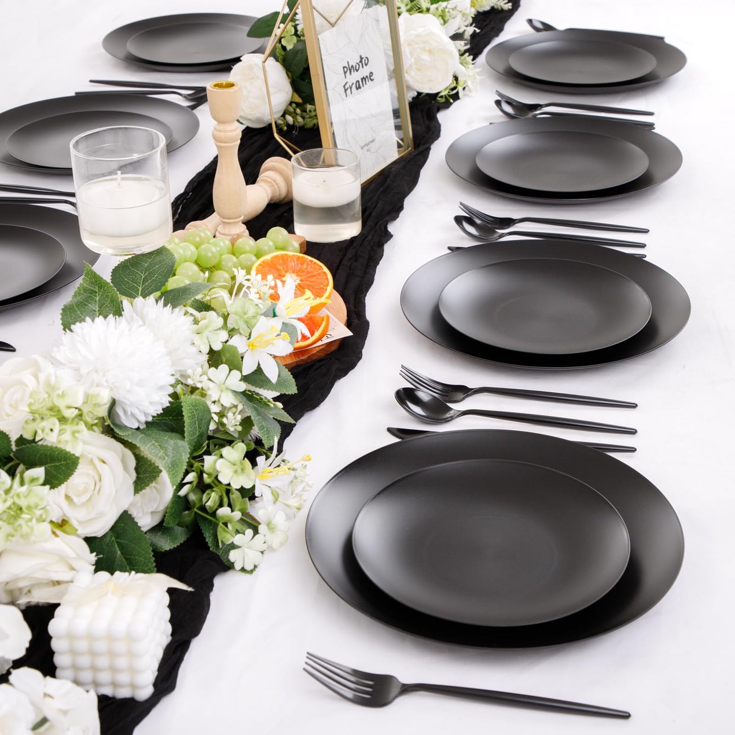 EI 150pcs Black Plastic Plates Frosted Plastic Plate,Premium Heavy Duty Black Plastic Plates,Black Disposable Plates with Plastic Silverware,10.25" Dinner Plates and 7.5" Dessert Plate Wedding Party