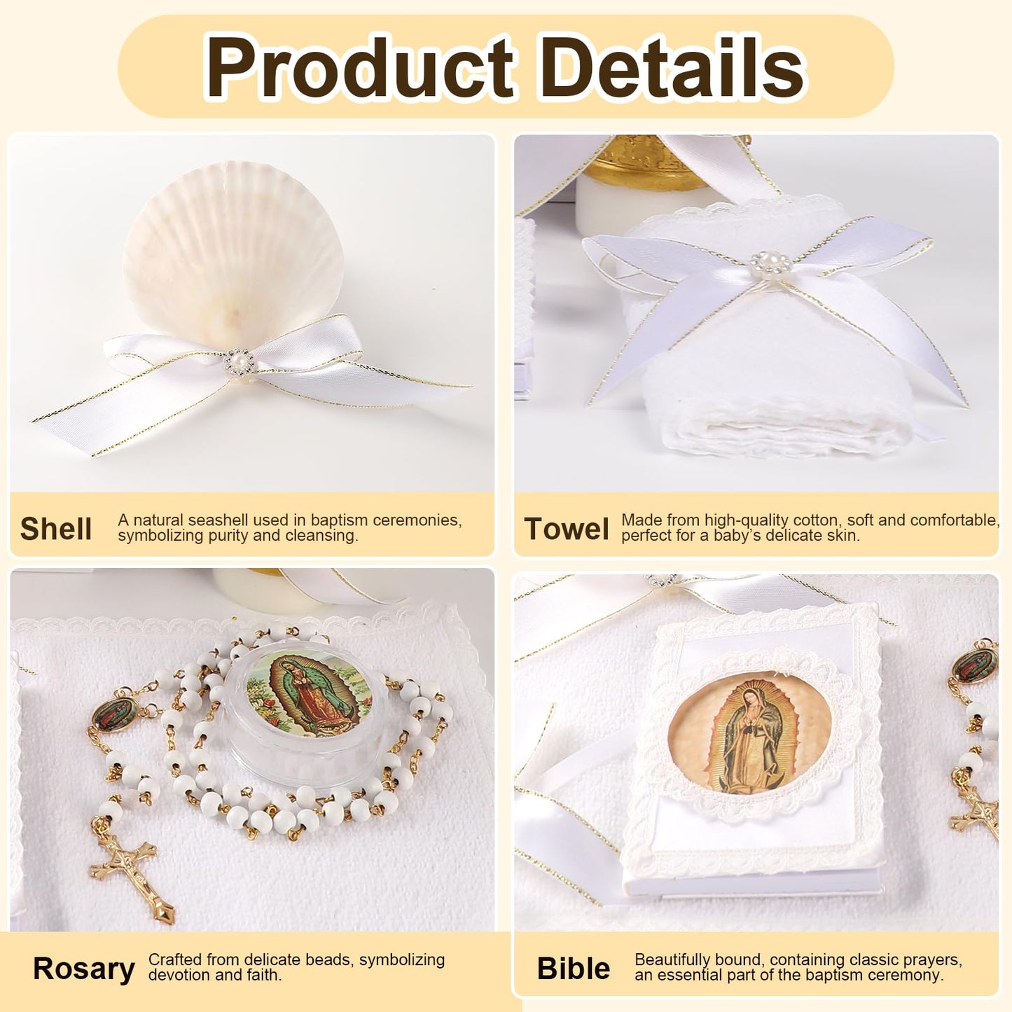Baptism Candle Set for Boys and Girls,5 PCS Baptism Kit Virgen De Guadalupe Catholic Candle,Towel,Shell,Rosary,Bible for Baptismal Christening First Communion Gift,Velas para Bautizo De Niño o Niña