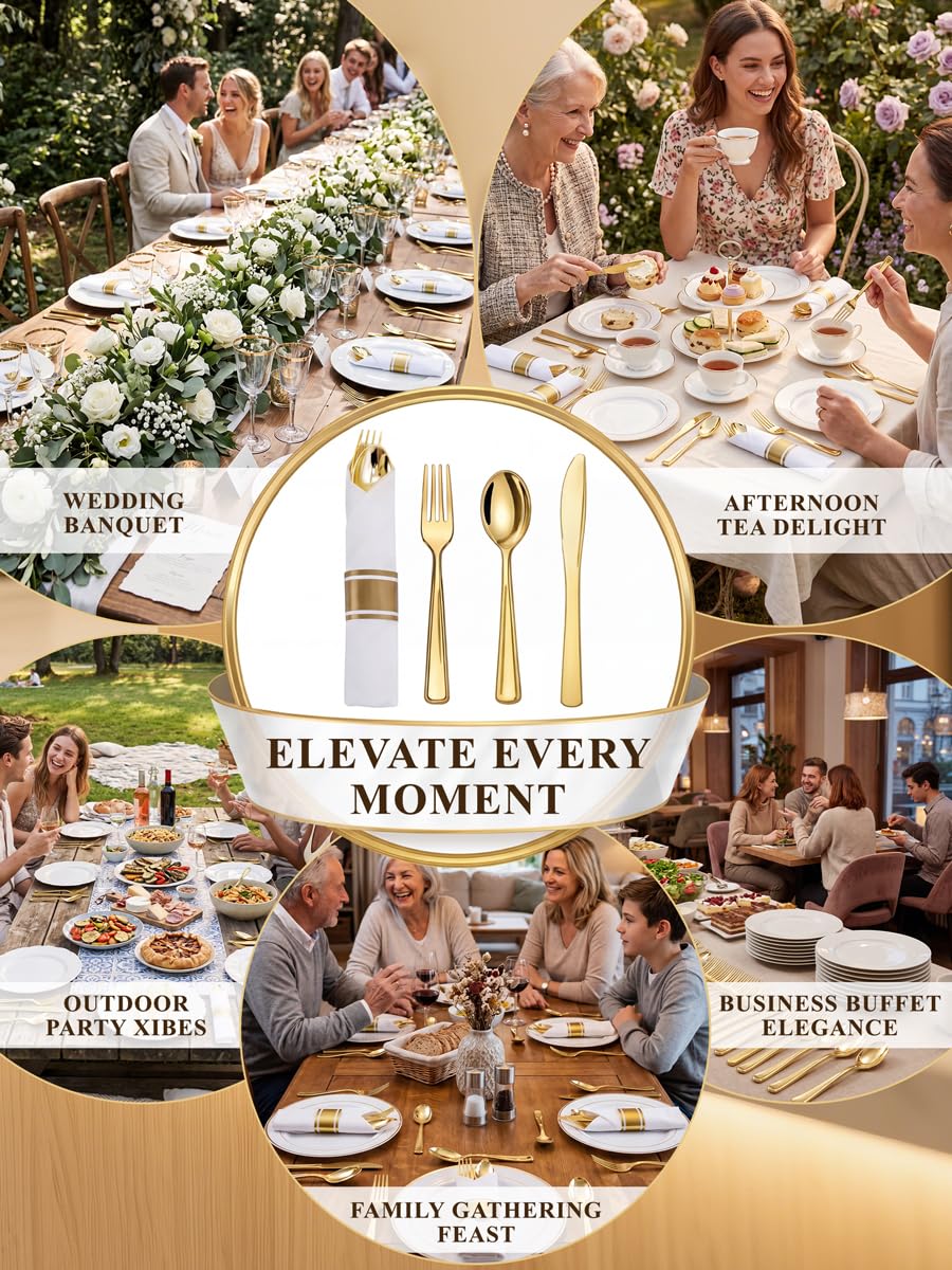 Supernal 240 Pcs Pre Rolled Napkins with Gold Plastic Silverware - 60 Sets Elegant Disposable Wrapped Cutlery: Heavy Duty Gold Forks, Knives, Spoons for Weddings, Parties, & Catering Events