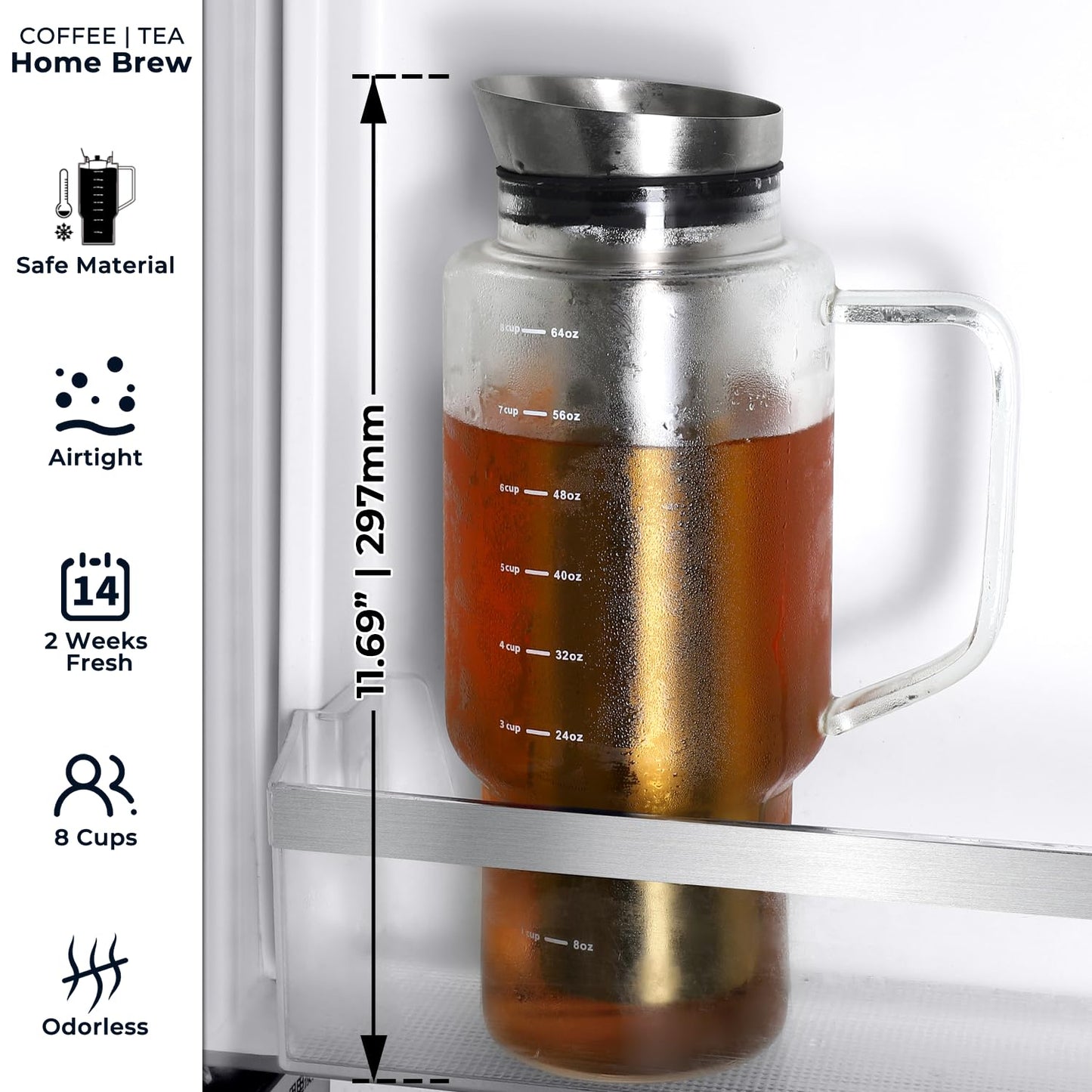 Aquach 68oz Cold Brew Coffee Tea Maker, Glass Pitcher & Stainless Steel Filter, Dishwasher Safe Iced Coffee Tea Maker with Airtight Lid and Large Handle
