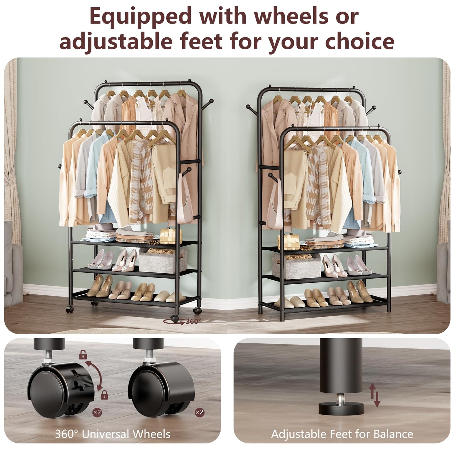 Furologee Clothes Racks for Hanging Clothes, Double Rods Clothing Rack with 3-Tier Storage Shelves, Rolling Garment Wardrobe with Wheels, Portable Free Standing Closet for Bedroom, Laundry Room, Black