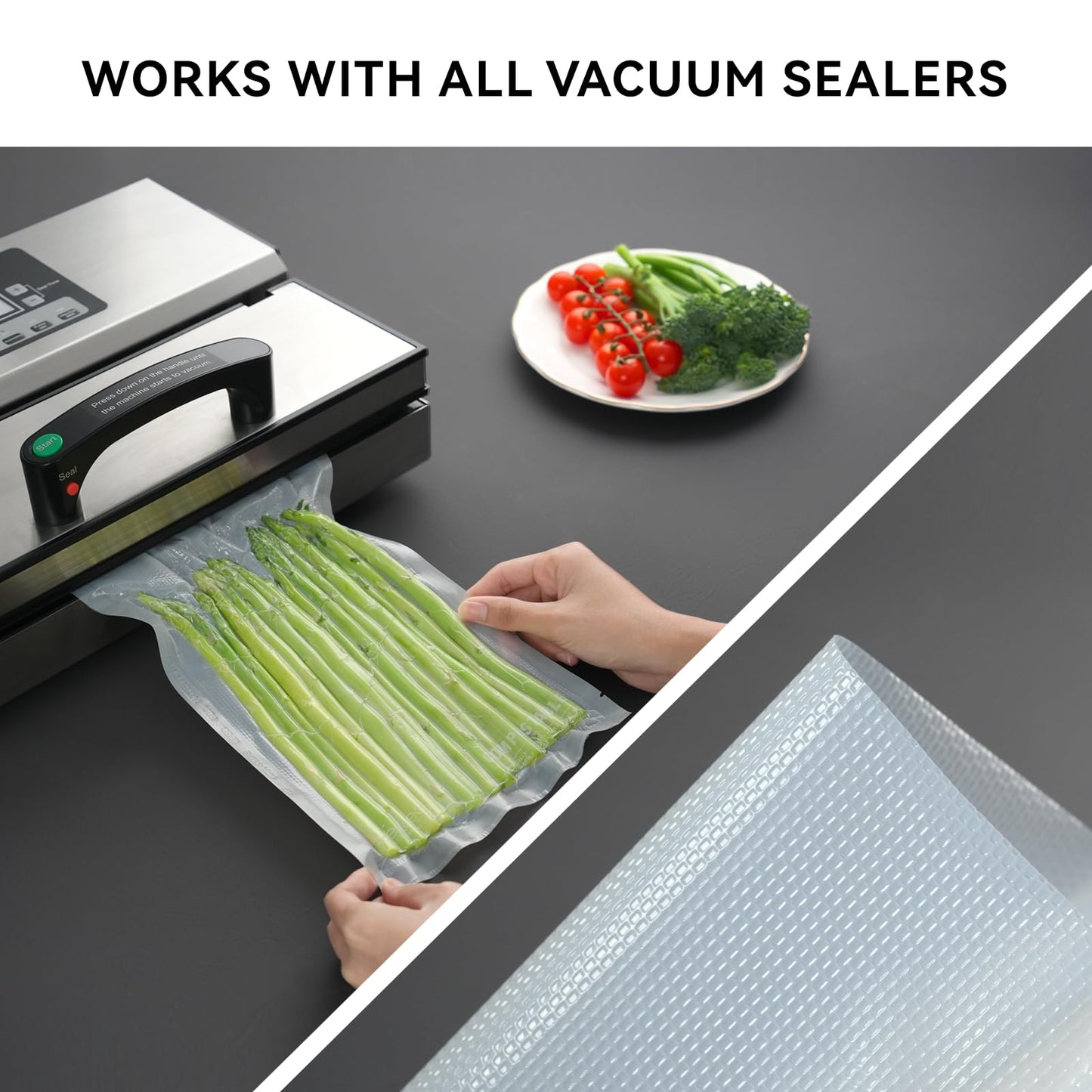 VestaEco Compostable Vacuum Sealer Bags for food, 3 Rolls 11" x 16' and 2 Rolls 8" x 20', Heavy-Duty Embossed Vacuum Seal Bags, Customized Size for Meal Prep/Sous Vide Cooking, BPA-Free