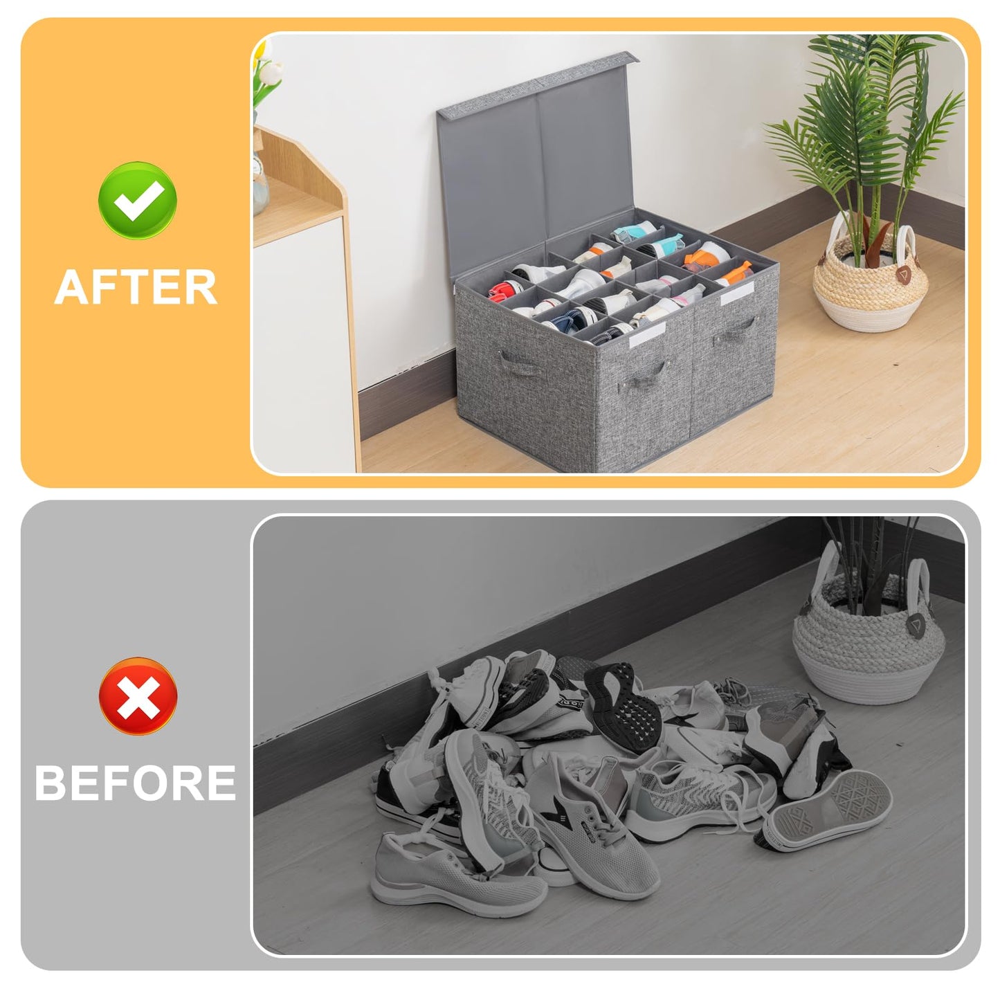 FBBABB 2 Pack Shoe Storage Box Fits 32 Pairs, Large Shoe Organizer with Lid and Adjustable Dividers for Closet, Shoes, Sneakers and High Heeled, Foldable and Stackable (Grey)