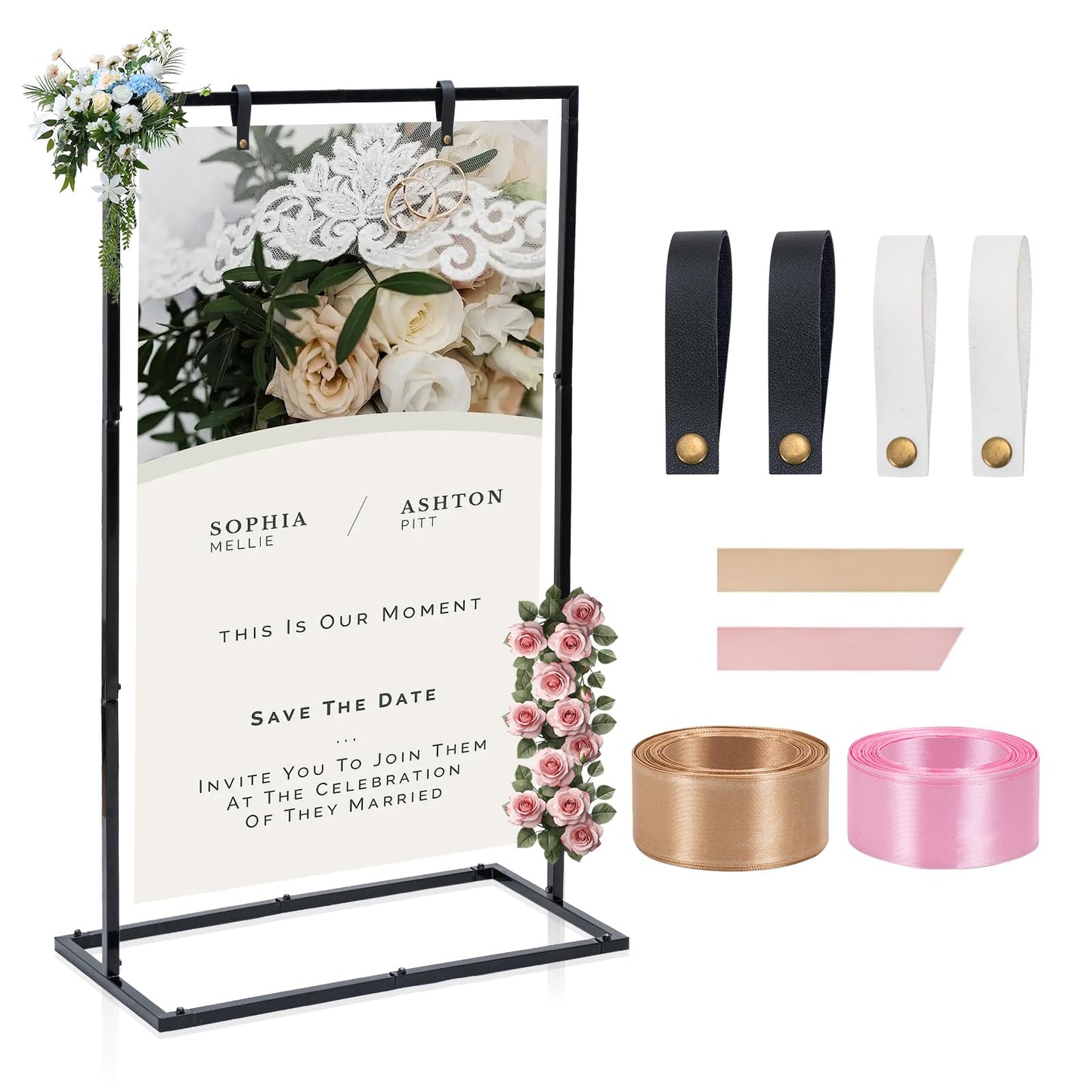 WEIDLUDOR Elegant Wedding Sign Stand & Holder，Black Heavy Duty Metal Wedding Welcome Sign Stand for Reception，Welcome to Our Wedding Hanging Sign Stand - Perfect for Seating Chart, Posters, and Decor