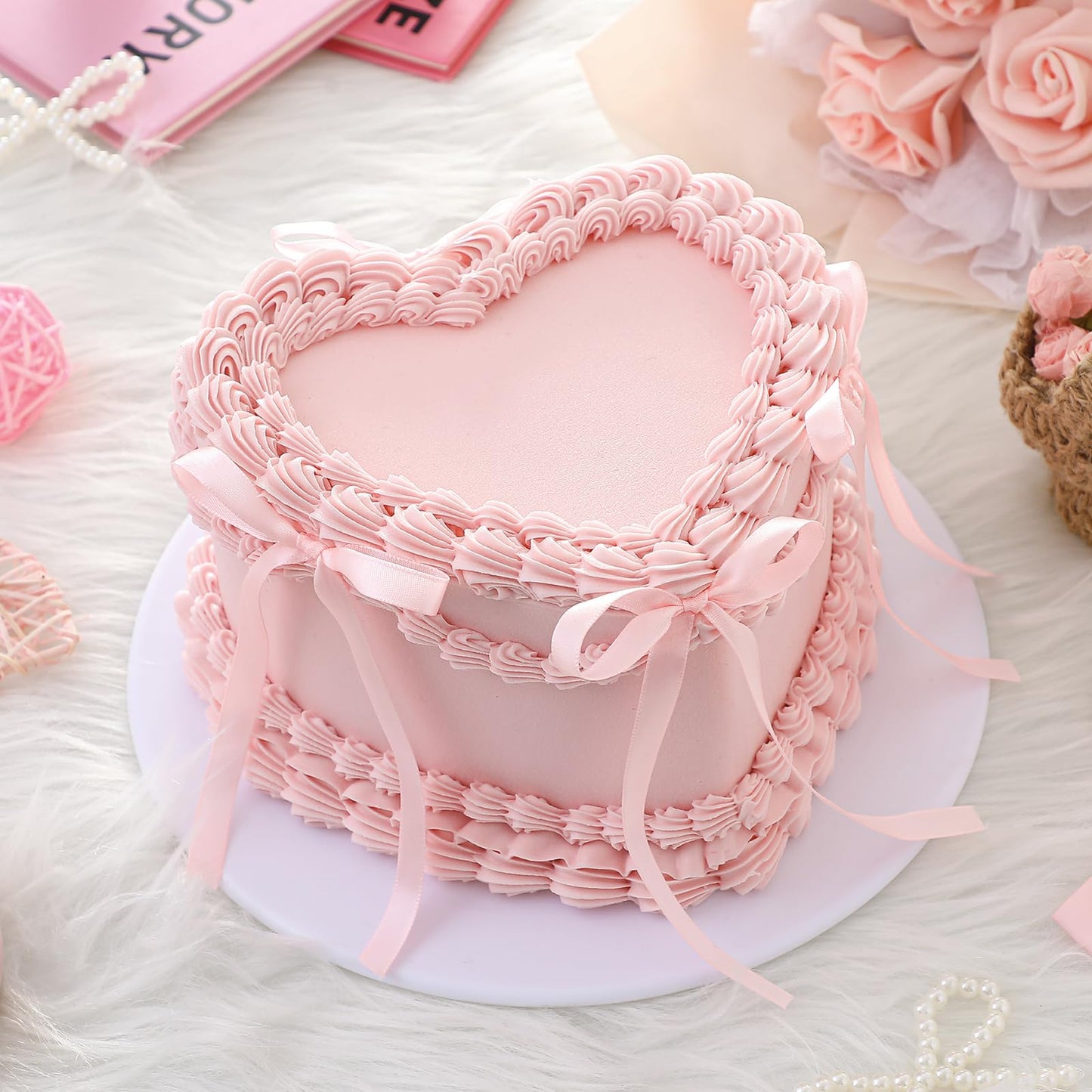Remerry 6 Inch Bow Fake Cake Coquettish Birthday Fake Cake Decor Wedding Dessert Props Artificial Heart Dessert for Props Women Birthday Gift(Pink,Heart)