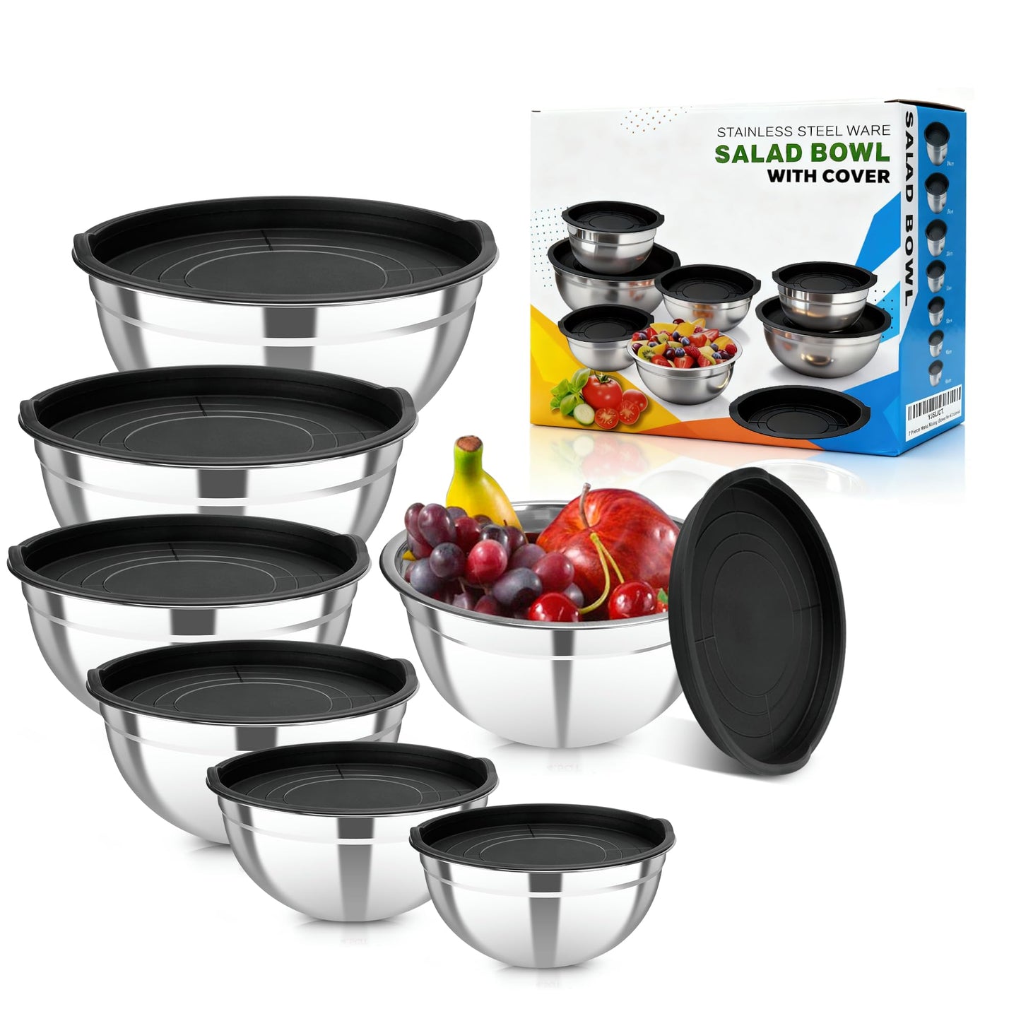 YJSLICT Stainless Steel Mixing Bowls with Lids Set, 7 Pcs Nesting Design Metal Mixing Bowls Salad Bowl for Mixing, Prepping and Serving Food(Size4.5-0.7QT)