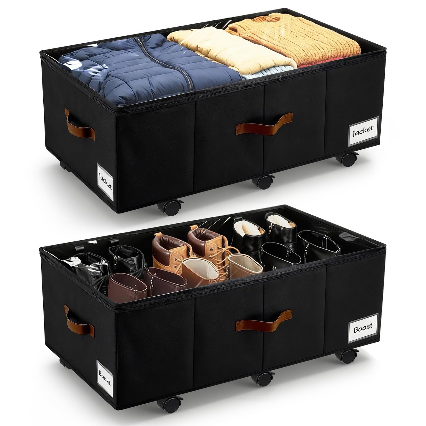 VatFott Under Bed Storage with Wheels,Underbed Storage with Sturdy Sidewalls/Bottom, Clear Cover, Label and PU Handle, Rolling Under Bed Drawers for Clothes, Shoes, 11 Inch Height,Black, 2 Pack