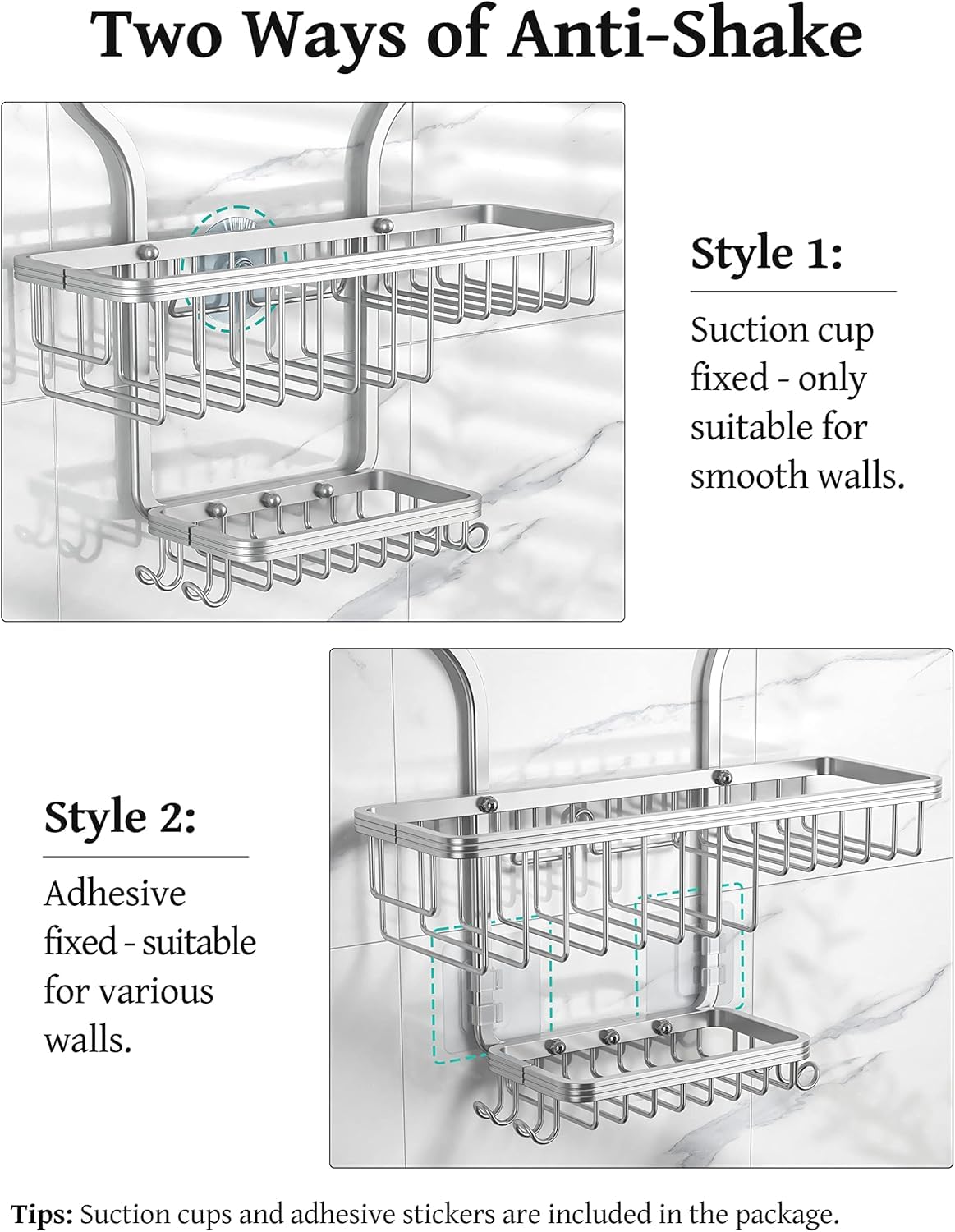 YASONIC Never-Rust Aluminum Hanging Shower Caddy – Over-the-Showerhead Organizer with 10 Hooks for Razor and Sponge – Includes Soap Basket – Silver