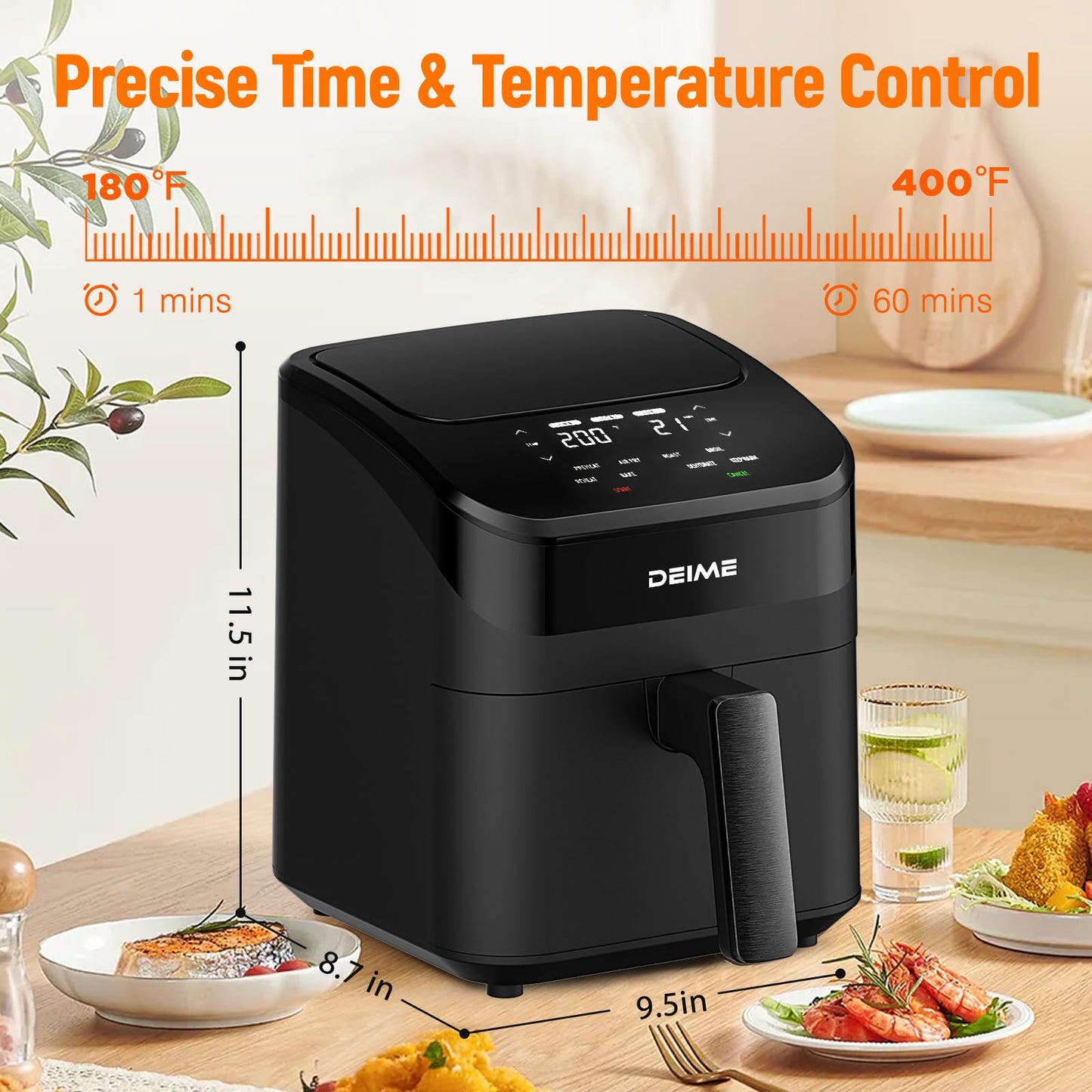 DEIME Air Fryer 3 Qt, Small Airfryer Digital Space Saving Compact, Bake, Reheat, Roasts for Quick Easy Meals, Mini Compact & Quiet, Nonstick & Dishwasher Safe Basket (Black-4.5QT)