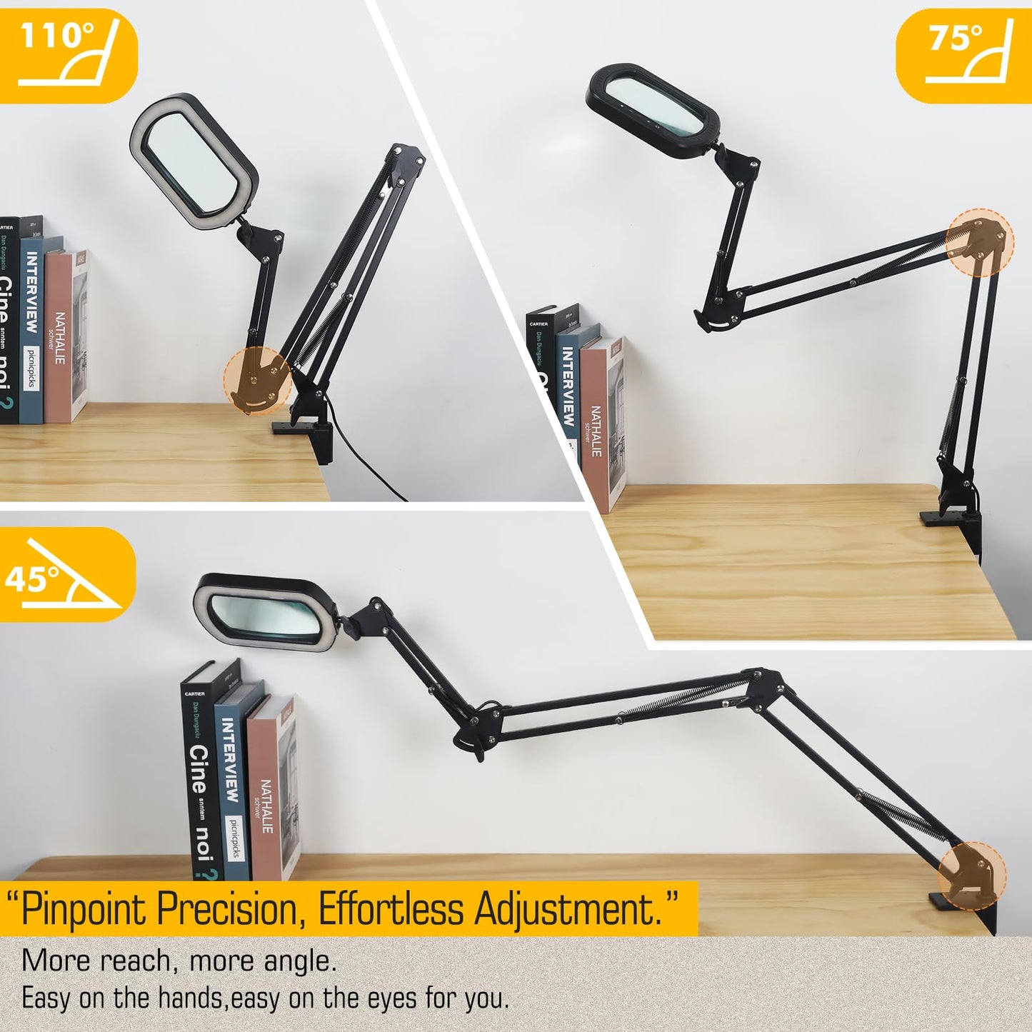 Magnifying Glass with Light Square Magnifier Desk Lamp 10X Close Up Work for Desktop Bench Crafting, Reading, Sewing, Ultra Long Swing Arm 3-Section, 5 Color Modes Design Rectangle Head Controller