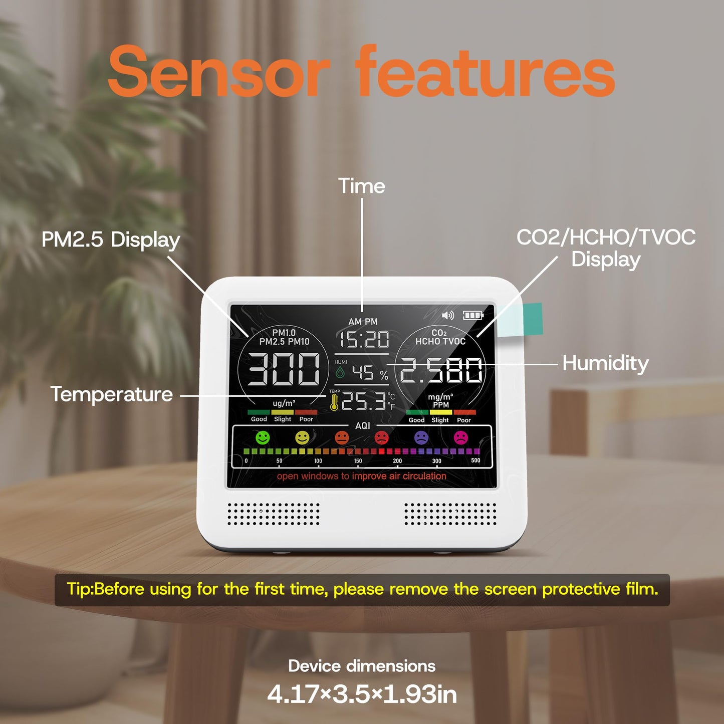 16-in-1 Indoor Air Quality Monitor with PM1.0,PM2.5,PM10,CO2,HCHO,TVOC,Temperature,Humidity,Time Display &7 AQI Alarms – Professional Air Quality Tester for Home, Office & Indoor Use (Creamy White)