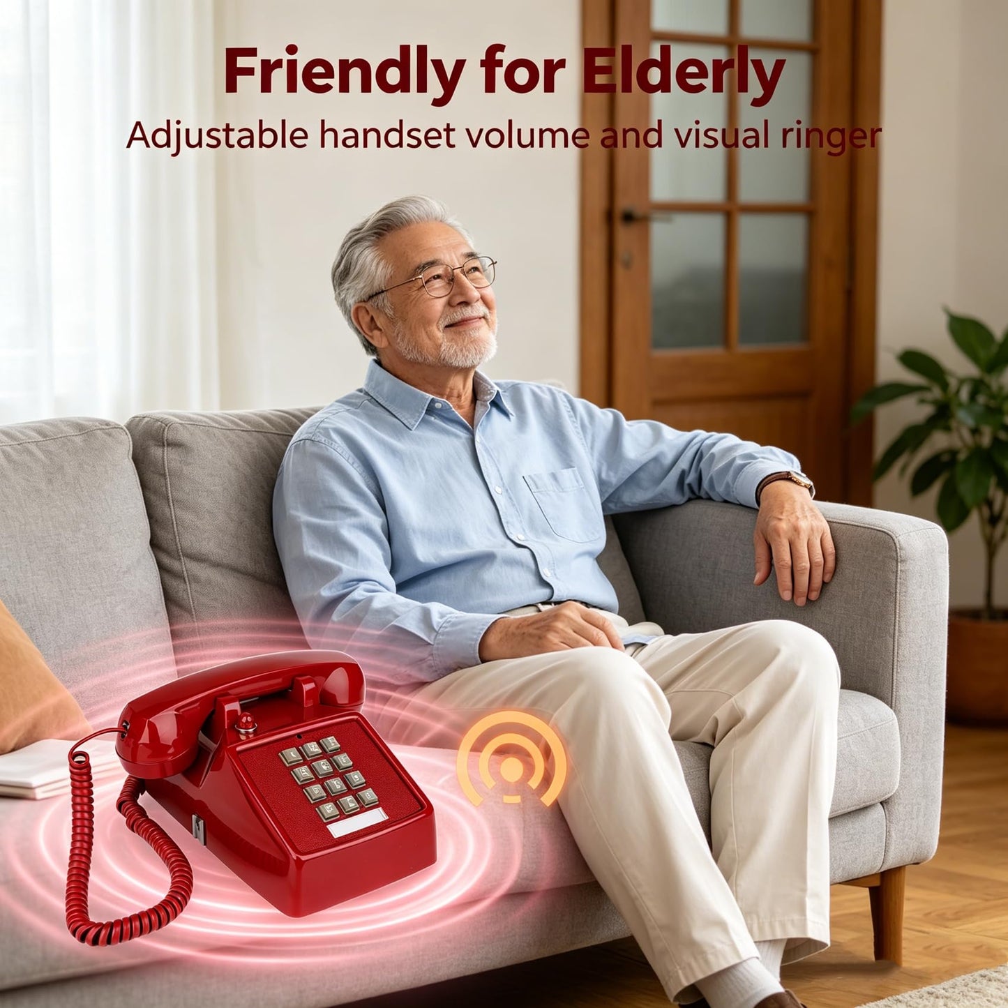YOPAY Single Line Corded Desk Telephone, Home Emergency Intuition Amplified Retro Phone, Classic Dial Button Phone, Red
